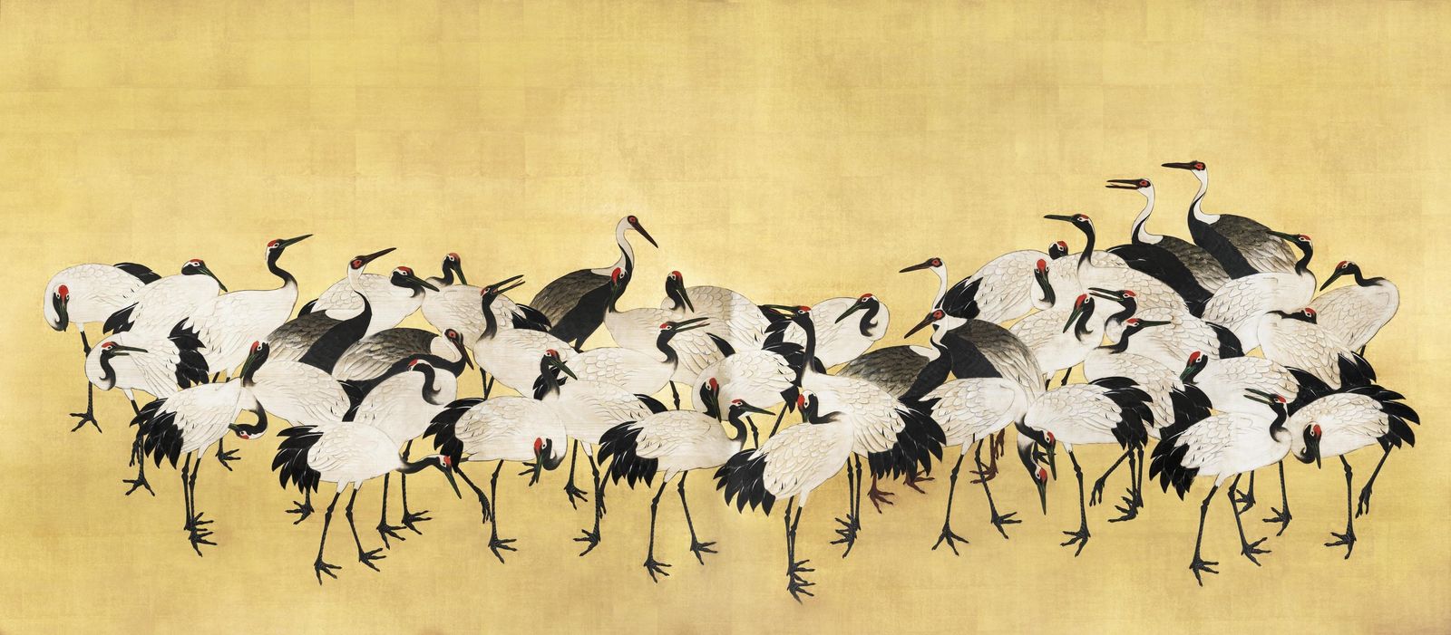 Majestic Crane Flock Gold Background Wall Art