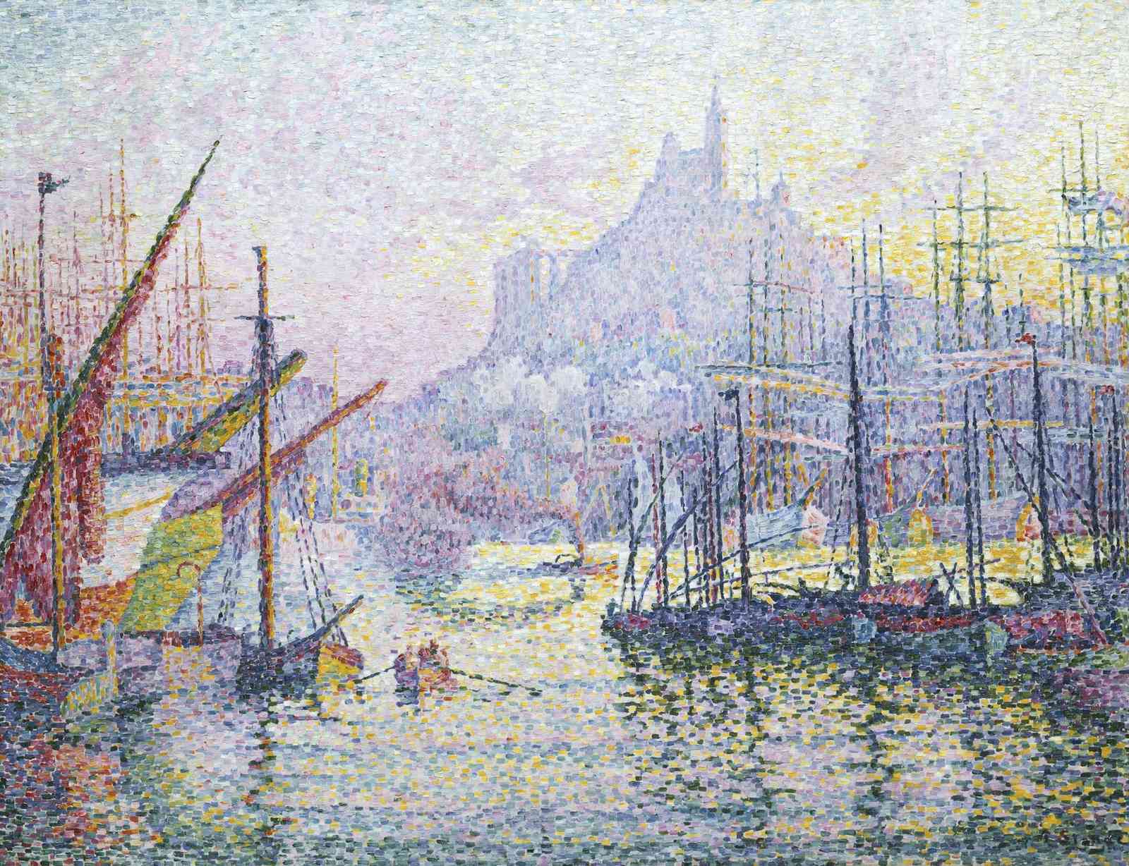 Pointillist Harbor Boats Wall Art