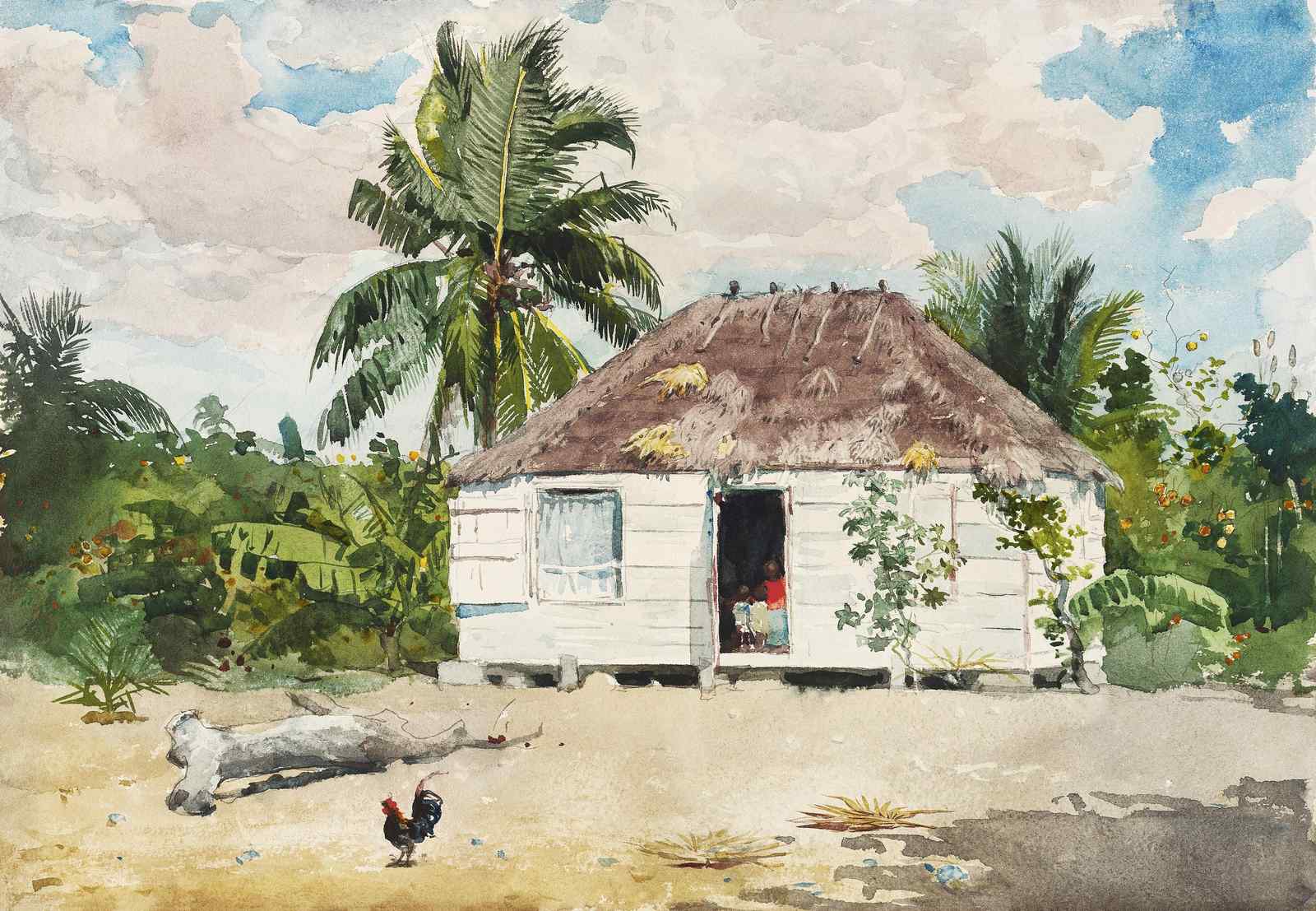 Tropical Hut Rooster Watercolor Wall Art