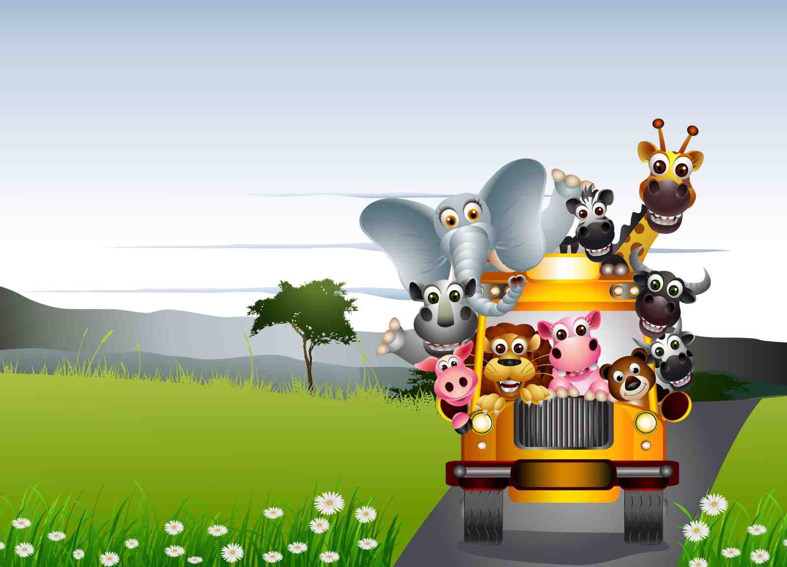 Cute Safari Animals Bus Adventure Wall Art