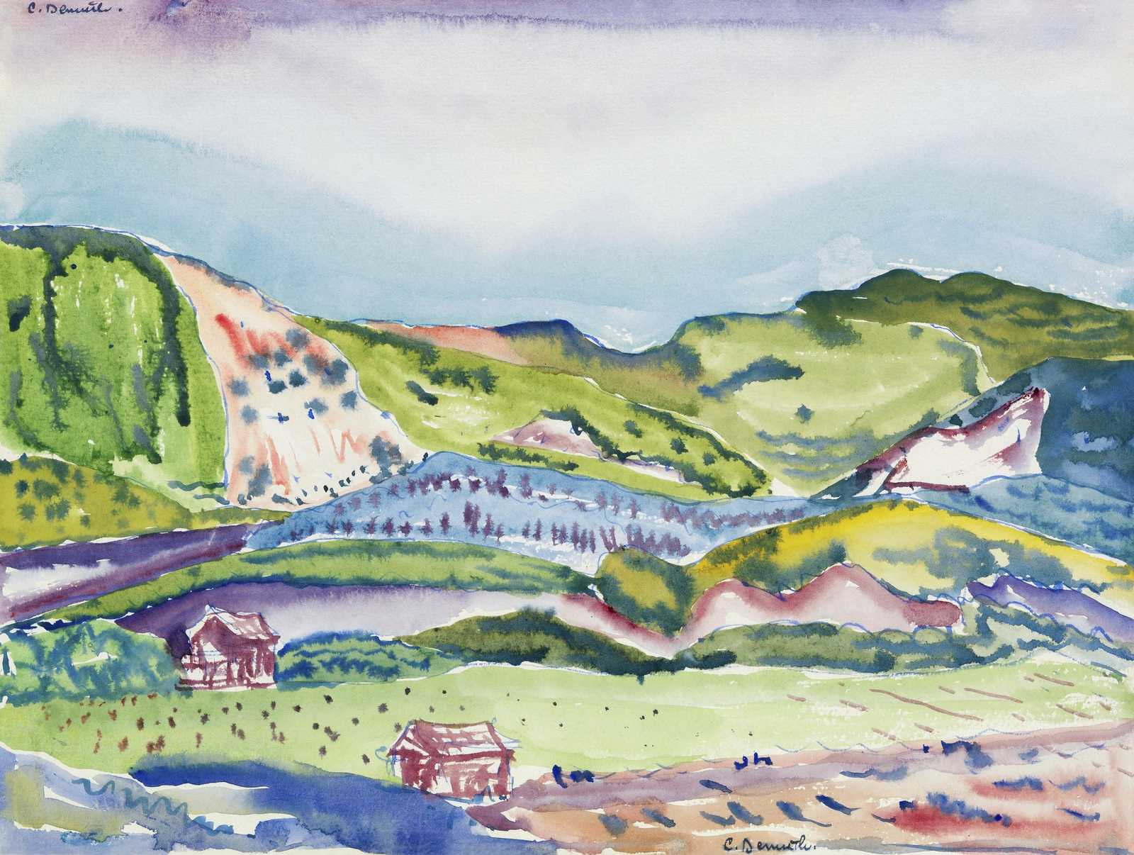 Vibrant Valley Landscape Watercolor Wall Art