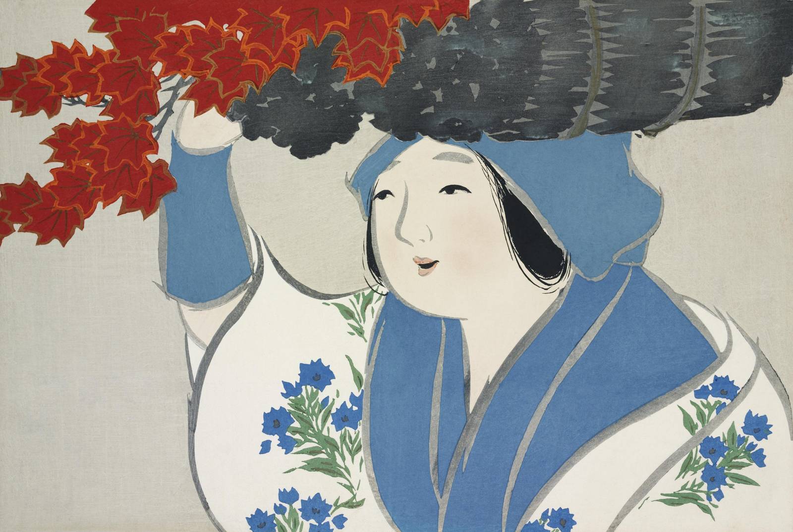 Japanese Woman Red Maple Leaves Wall Art