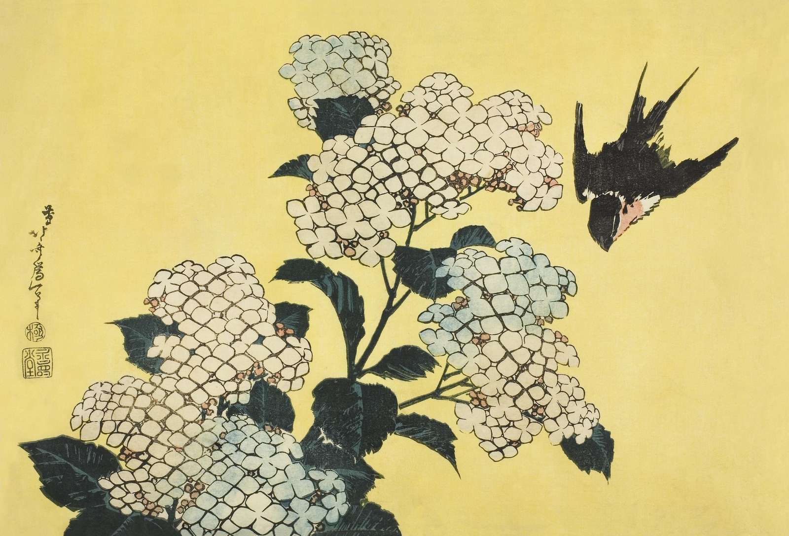 Hydrangea Bird Japanese Art Wall Art