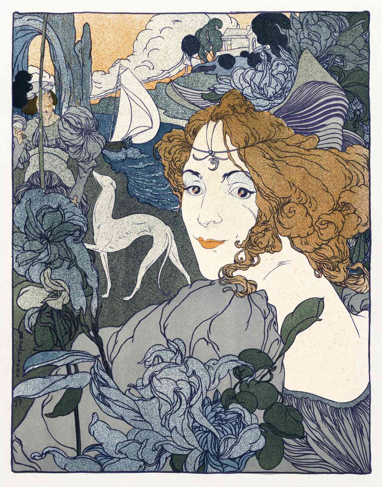 Art Nouveau Lady & Greyhound Wall Art