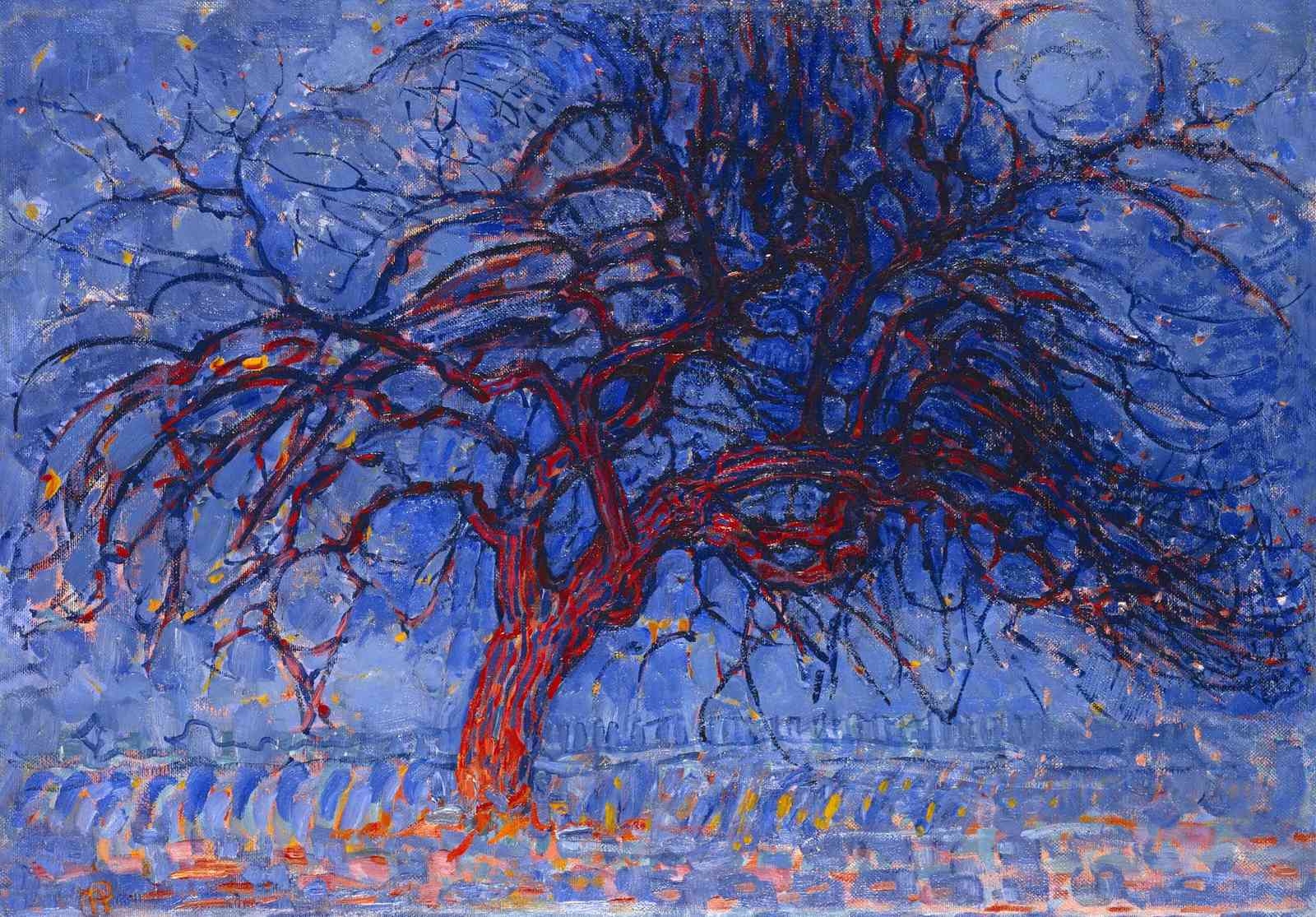 Vibrant Red Tree Abstract Blue Sky Wall Art