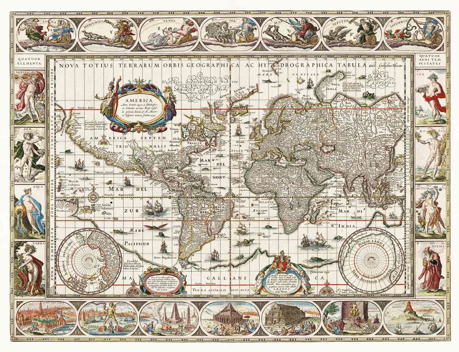 Vintage World Map Celestial Allegory Wall Art