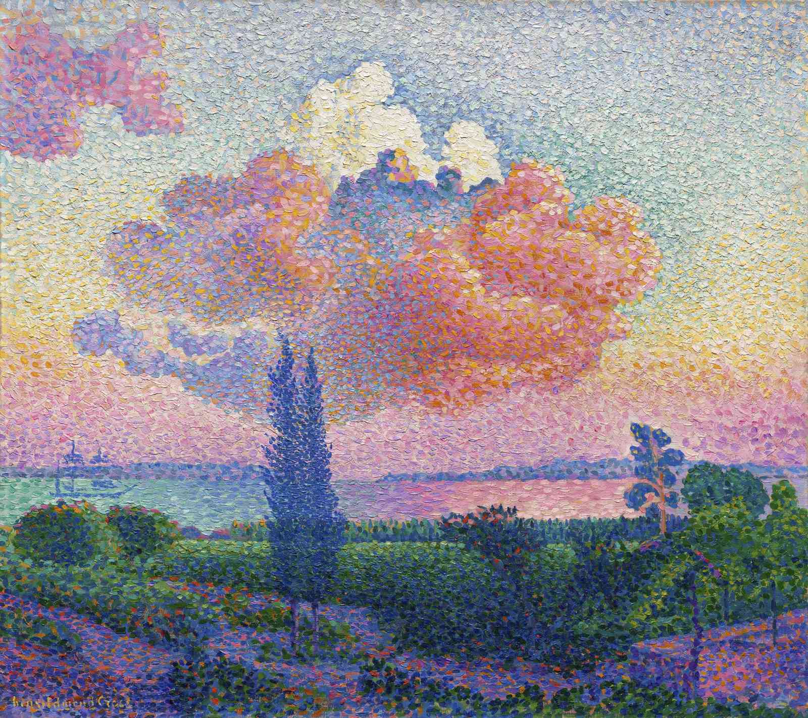 Serene Sunset Landscape Pointillism Wall Art