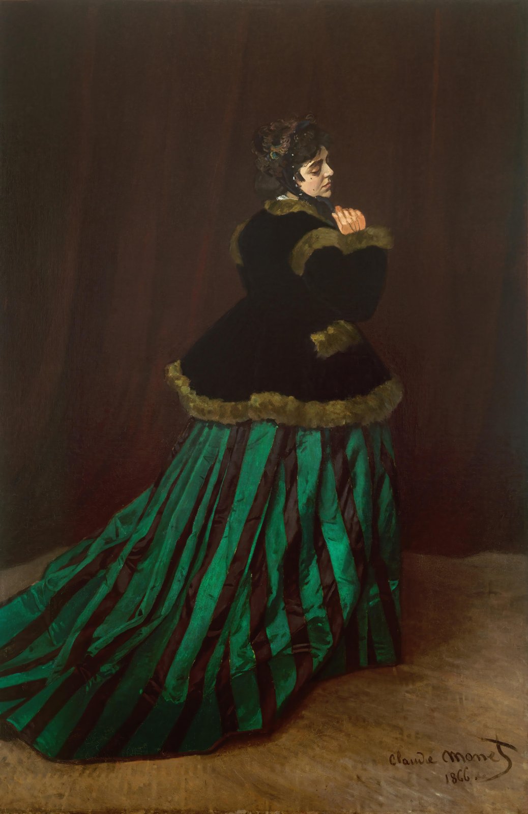 Elegant Woman in Green Stripe Dress Wall Art