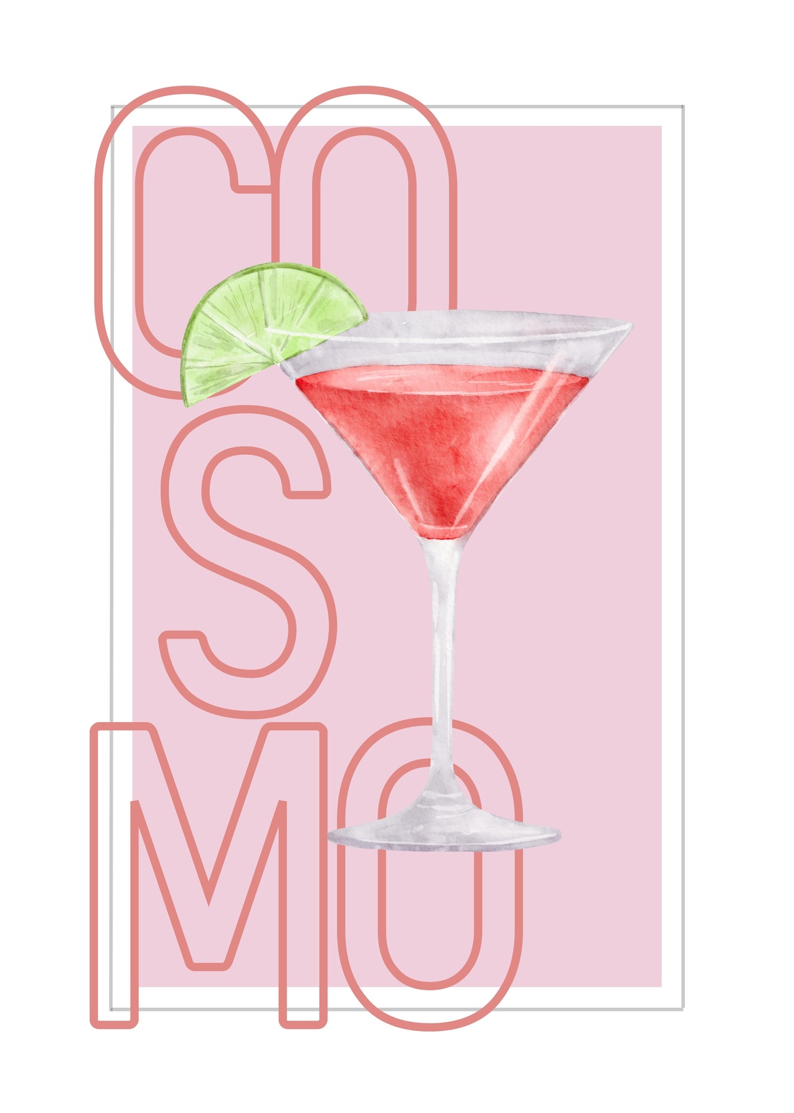 Cosmopolitan Cocktail Watercolor Wall Art