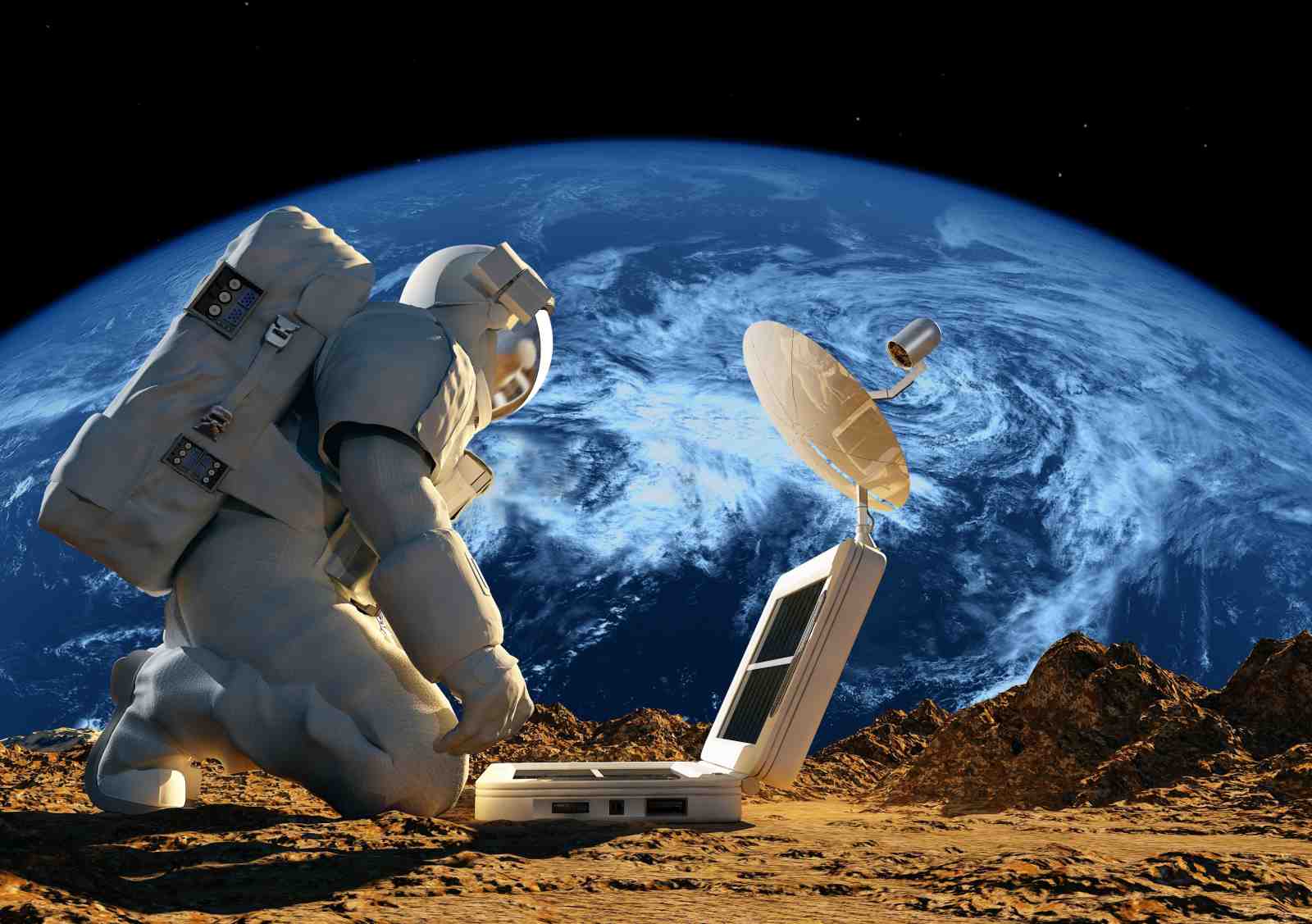 Astronaut Exploring Earth With Laptop Wall Art