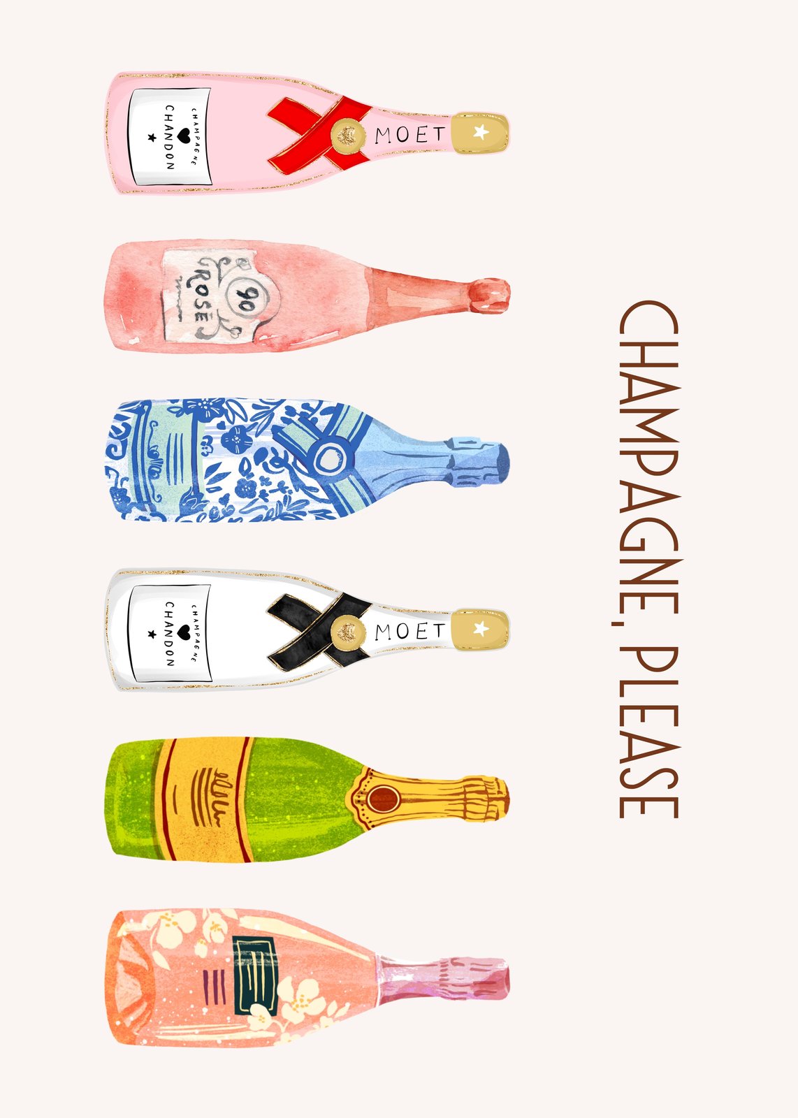 Elegant Champagne Bottles Watercolor Wall Art
