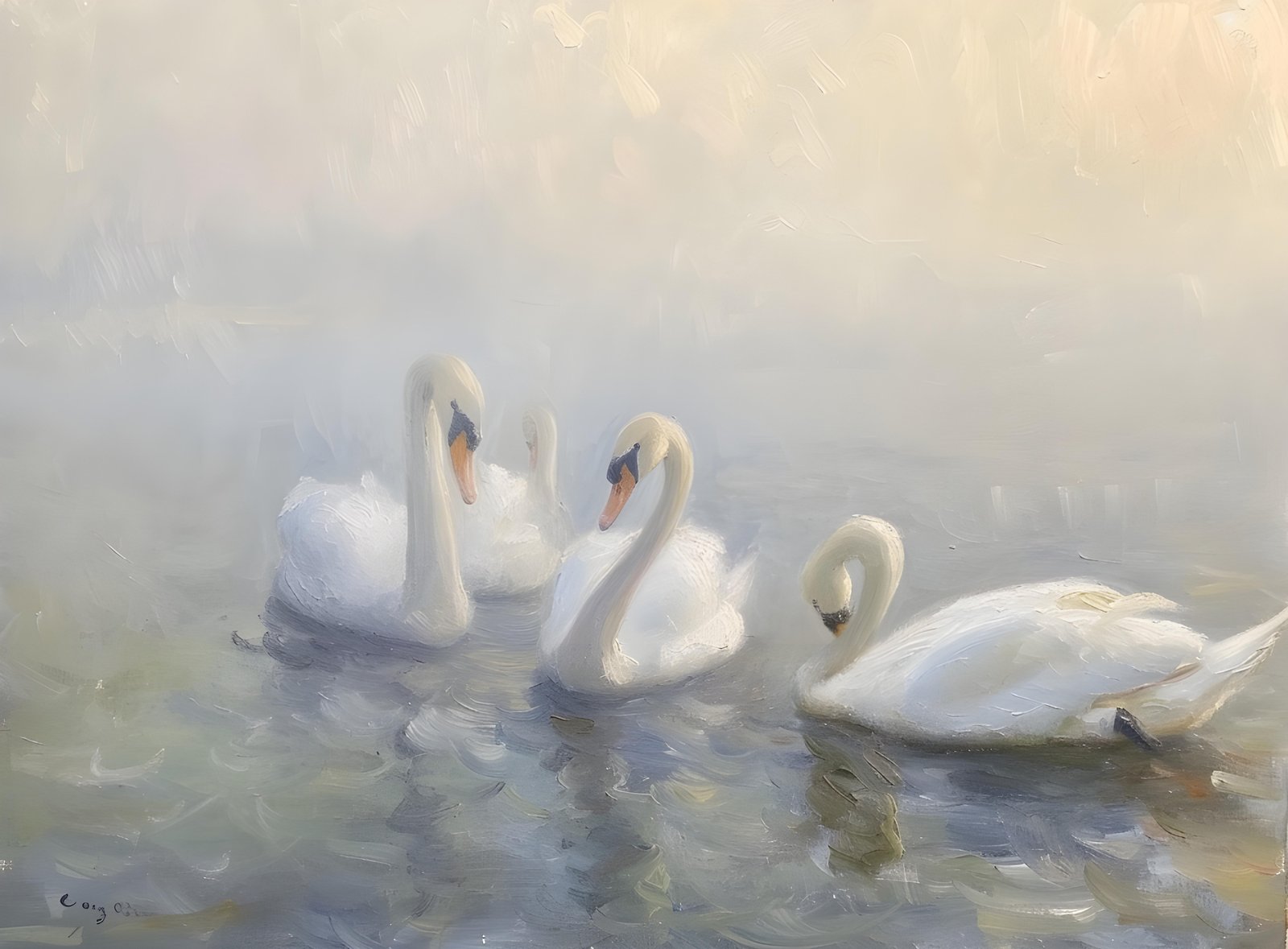 Serene Swan Family Oil Painting Wall Art