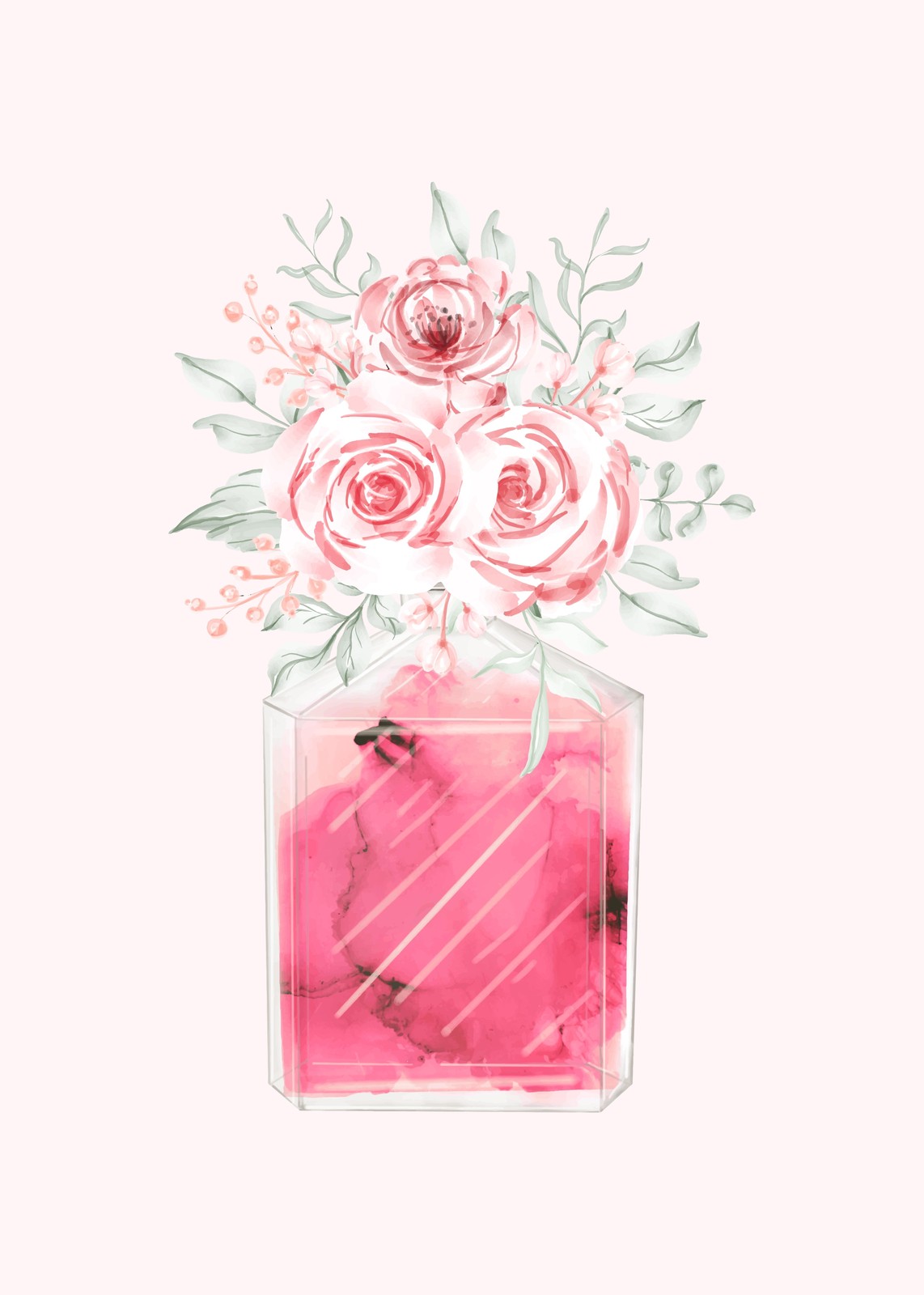Pink Rose Perfume Bottle Watercolor Wall Art