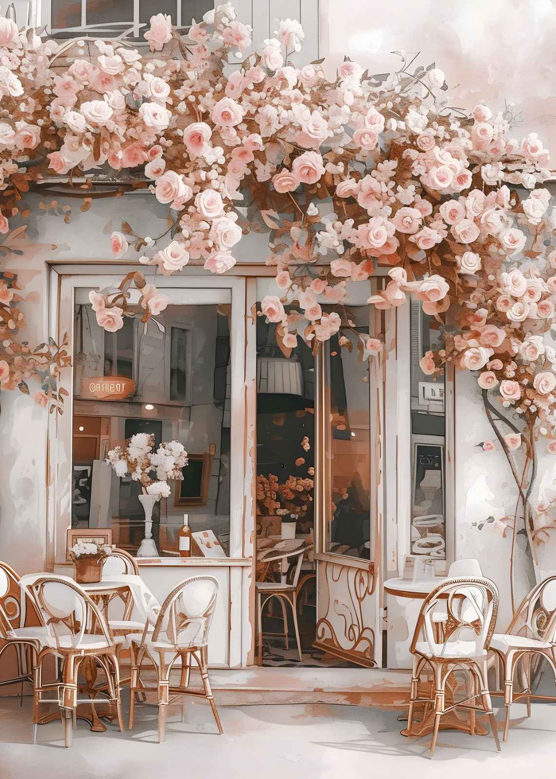 Romantic Floral Cafe Scene Wall Art