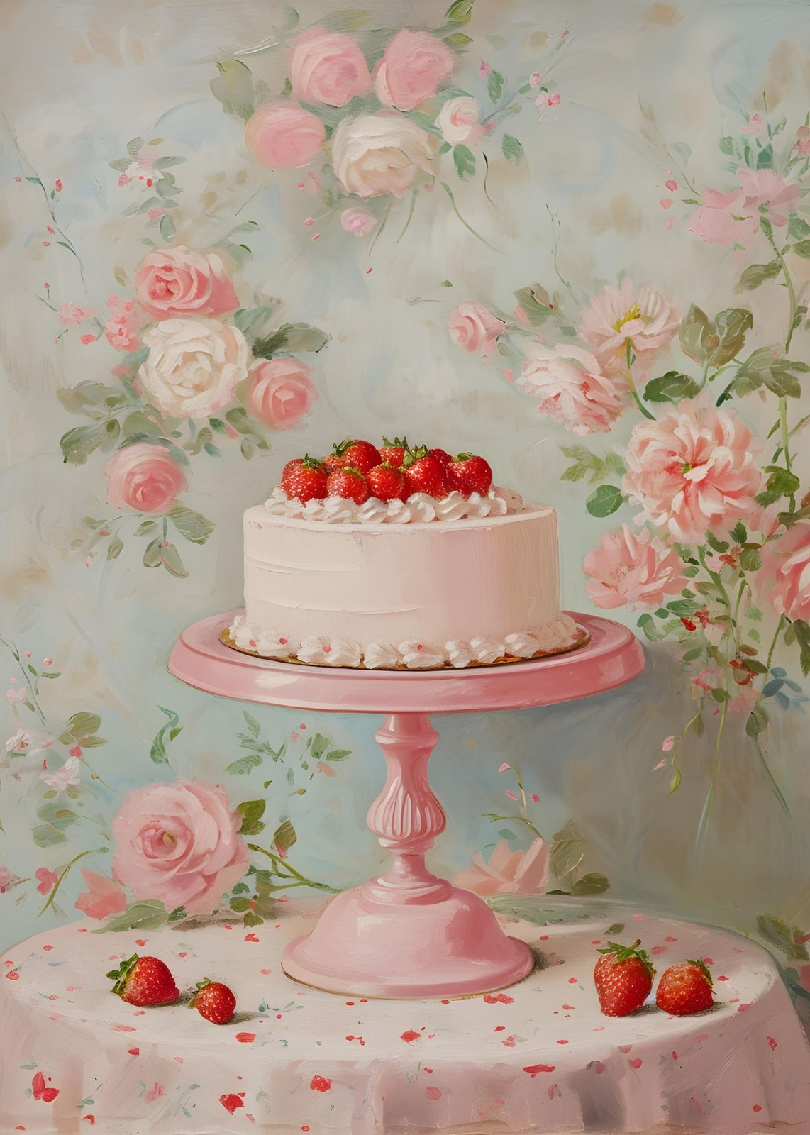 Sweet Strawberry Cake Floral Dream Wall Art