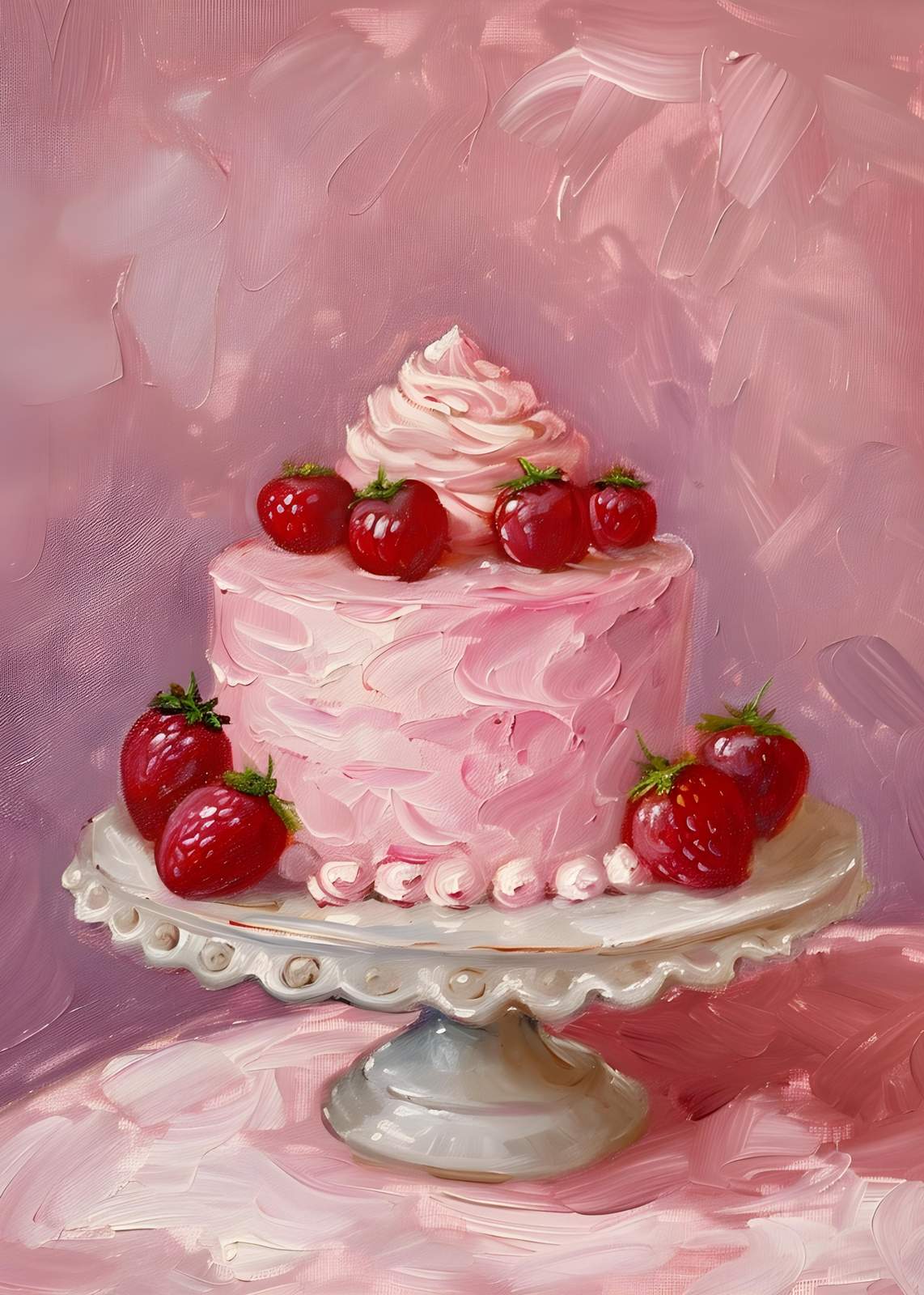 Sweet Strawberry Cake Oil Painting Wall Art