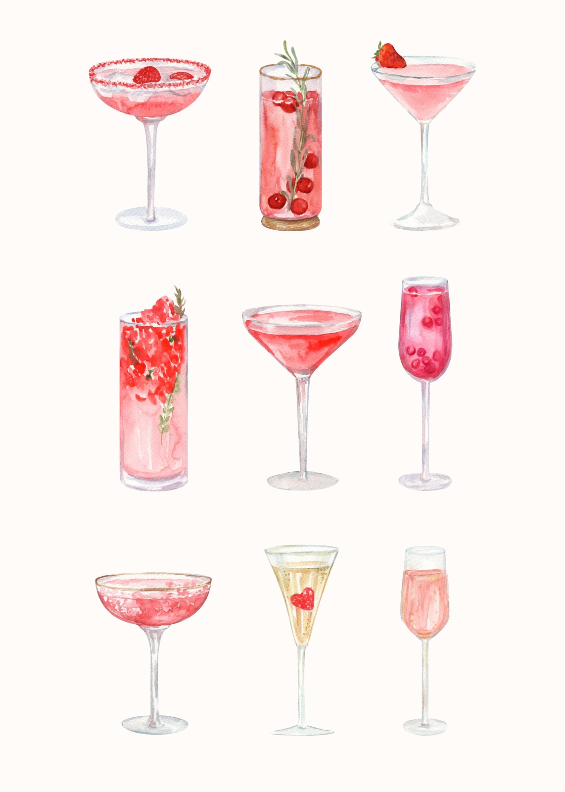 Elegant Pink Cocktails Watercolor Wall Art