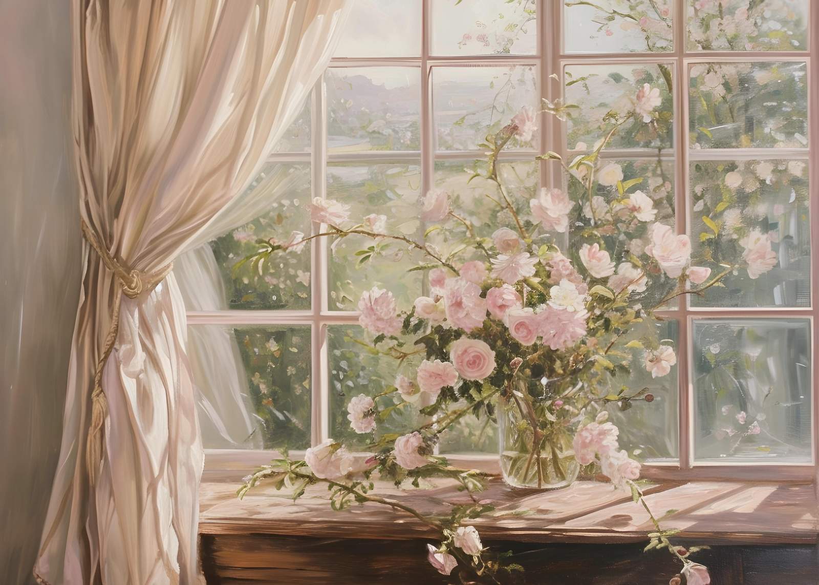 Soft Pink Roses Window Scene Wall Art