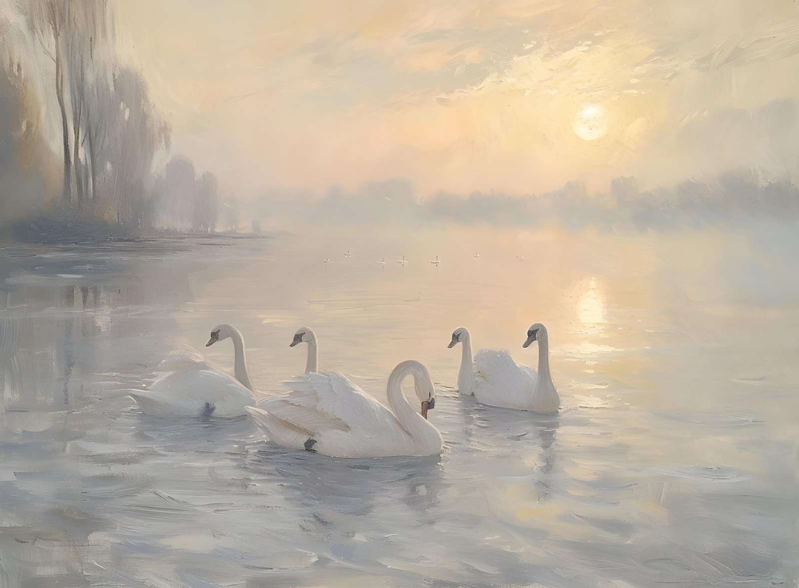 Serene Swans Misty Sunrise Wall Art