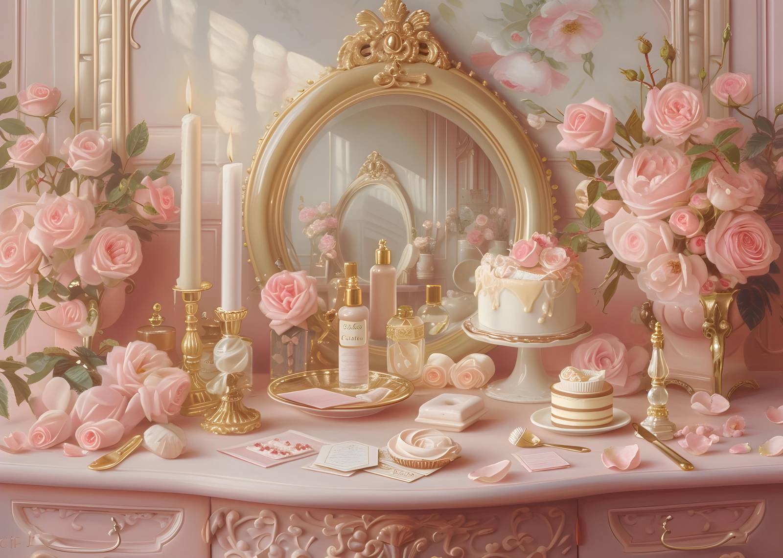 Elegant Pink Roses & Pastries Wall Art