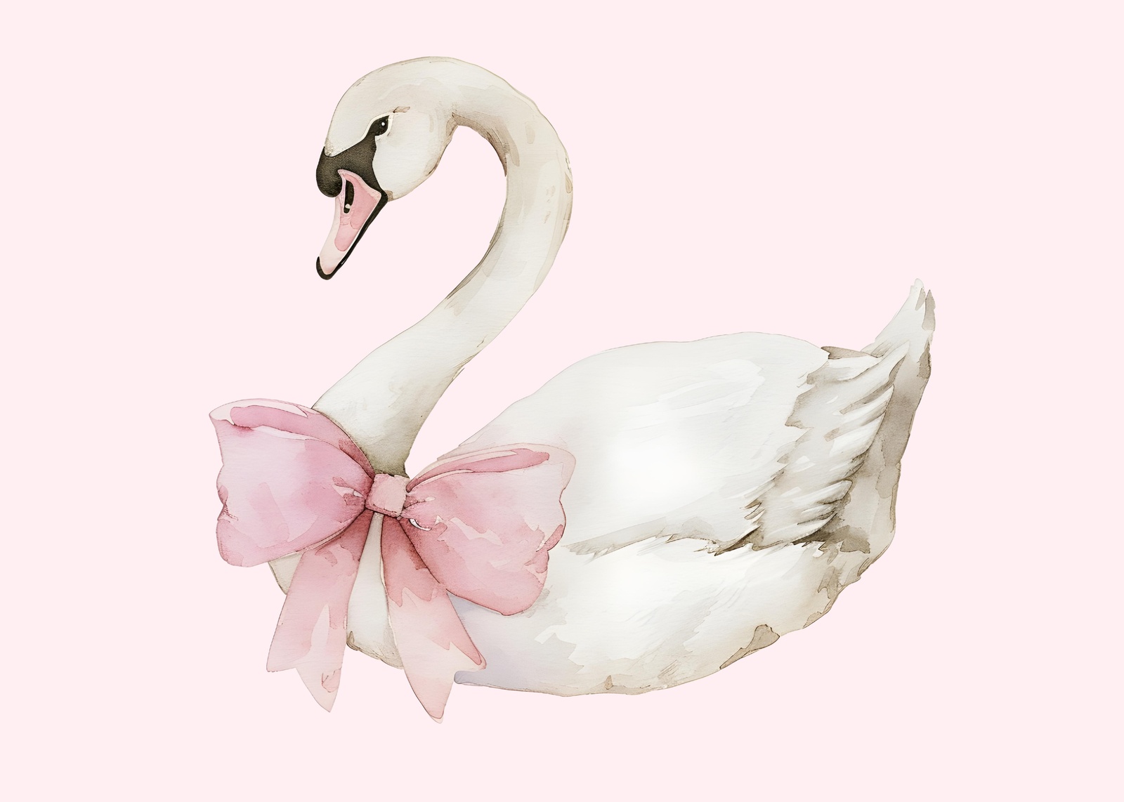 Charming Pink Bow Swan Watercolor Wall Art