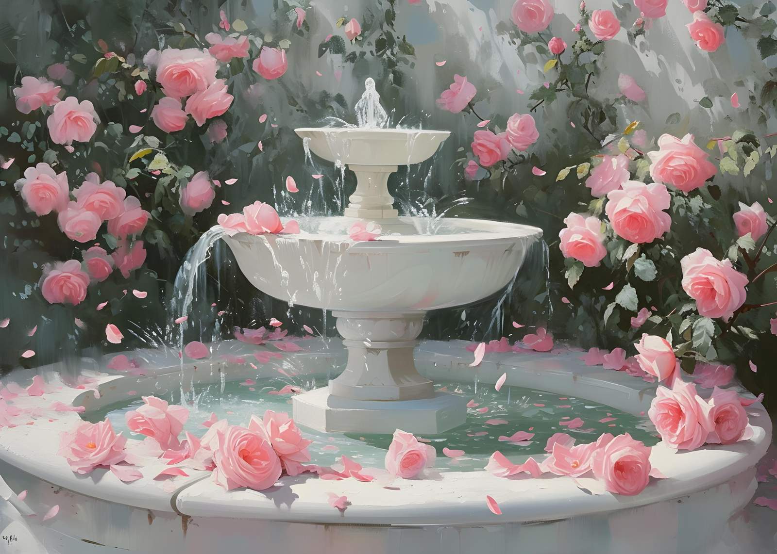 Serene Pink Rose Fountain Wall Art