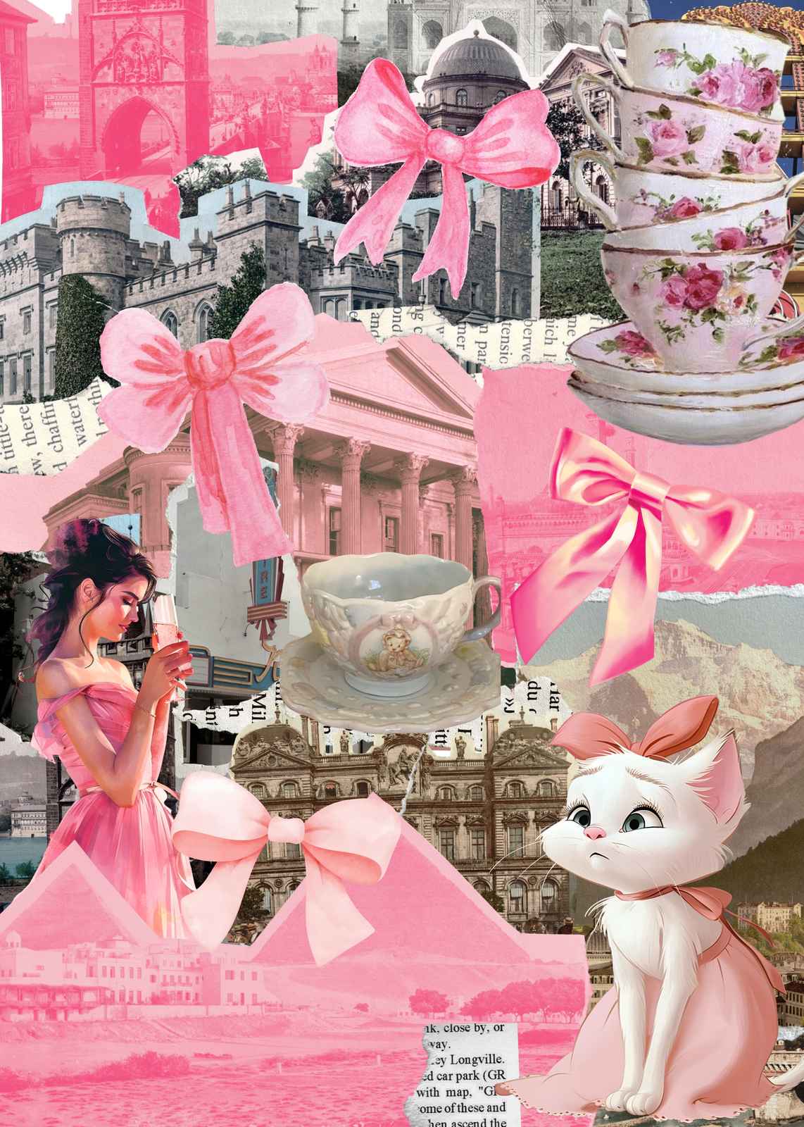 Whimsical Pink Collage Princess Kitten Wall Art