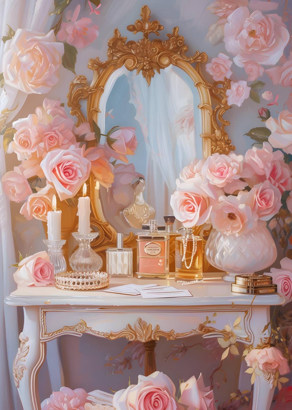 Elegant Roses & Perfume Vanity Gold Mirror Wall Art