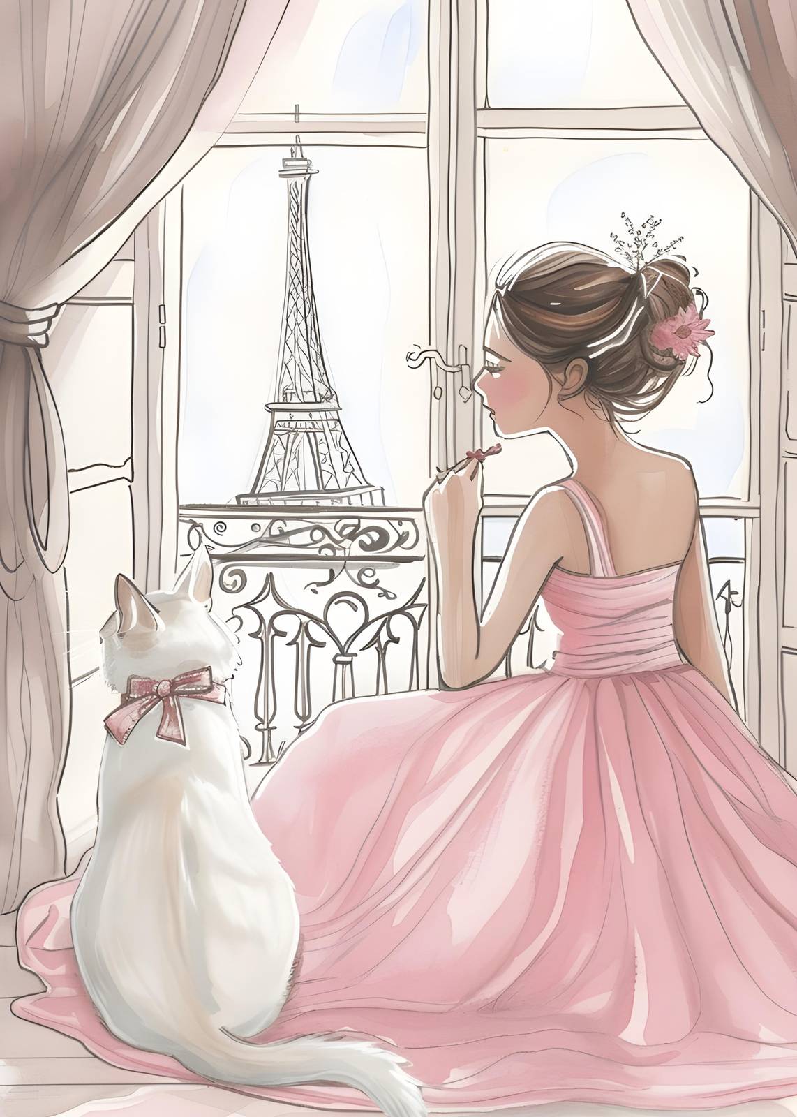 Parisian Dream Girl & Cat Eiffel Tower Wall Art