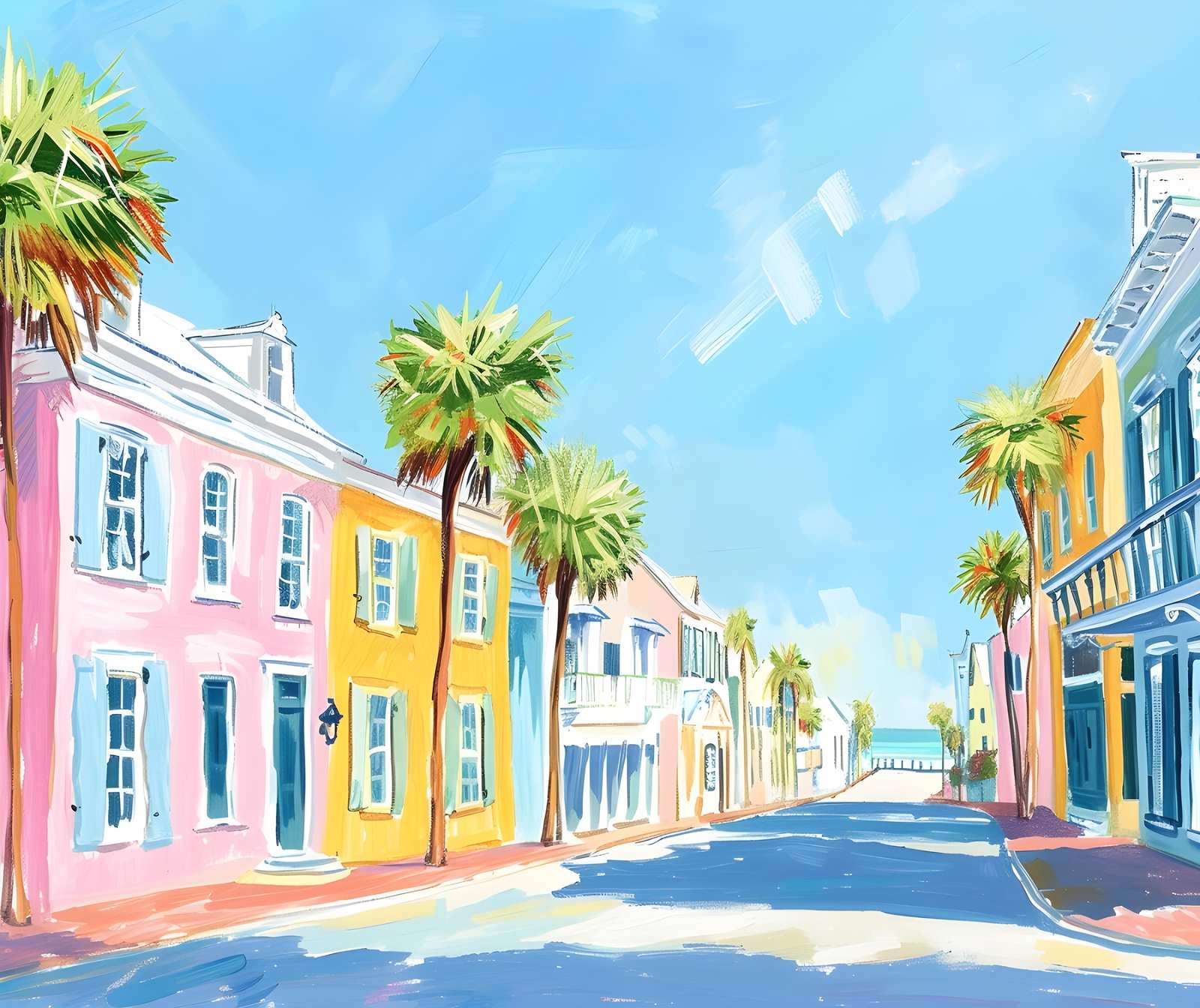 Colorful Coastal Street Palm Trees Wall Art