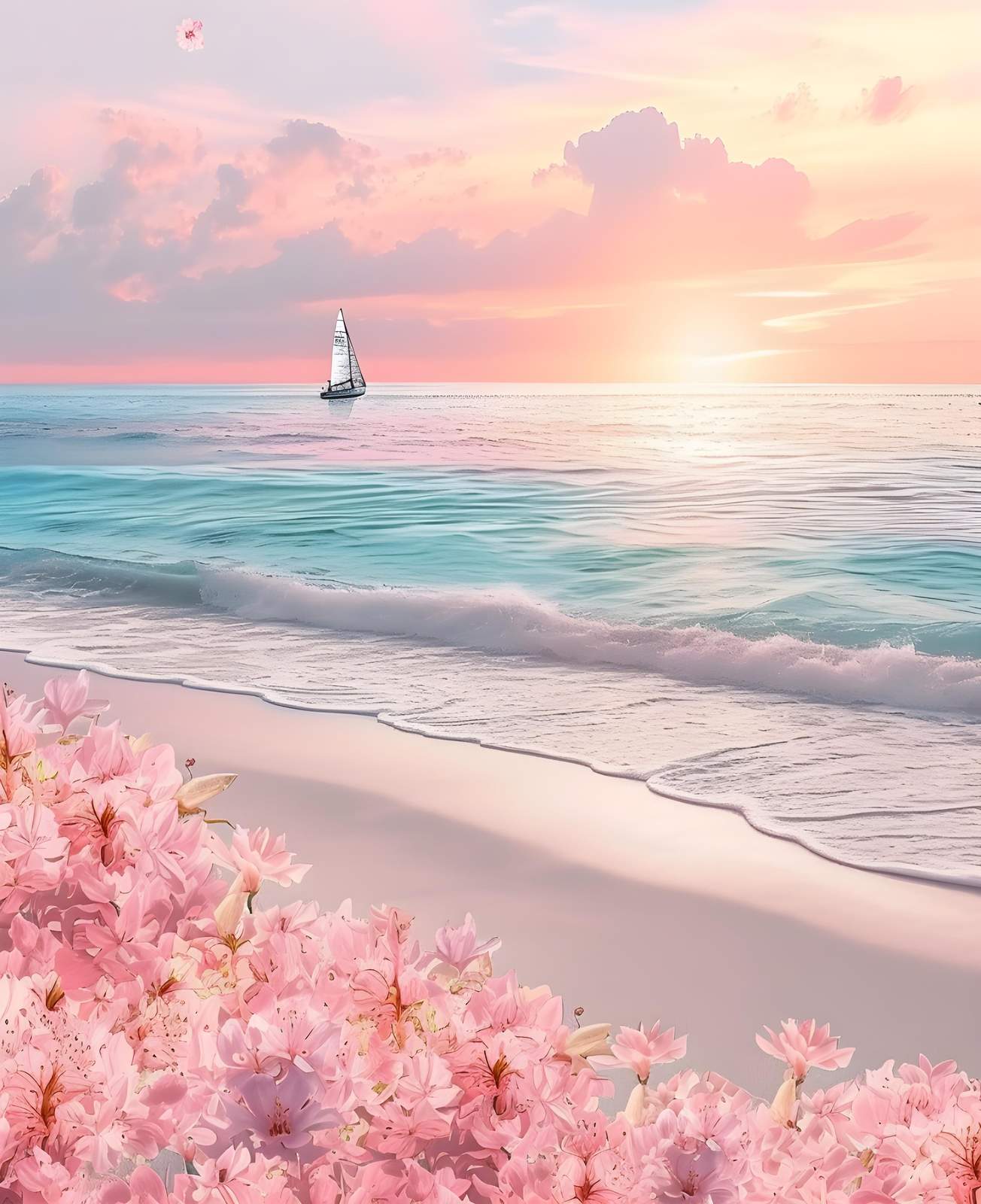 Serene Sailboat Sunset Beach Floral Wall Art