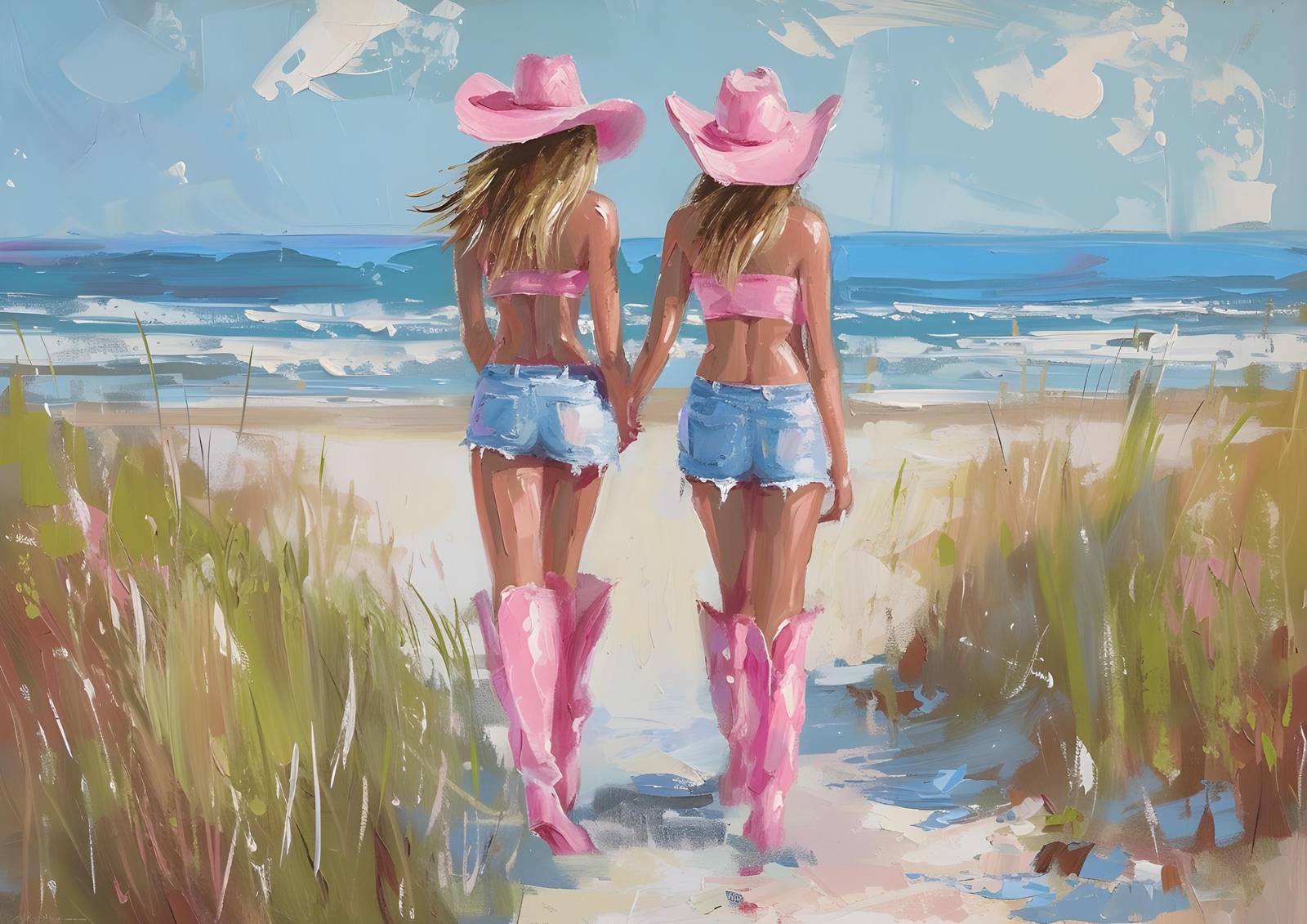 Beach Duo Pink Boots Cowboy Hats Wall Art