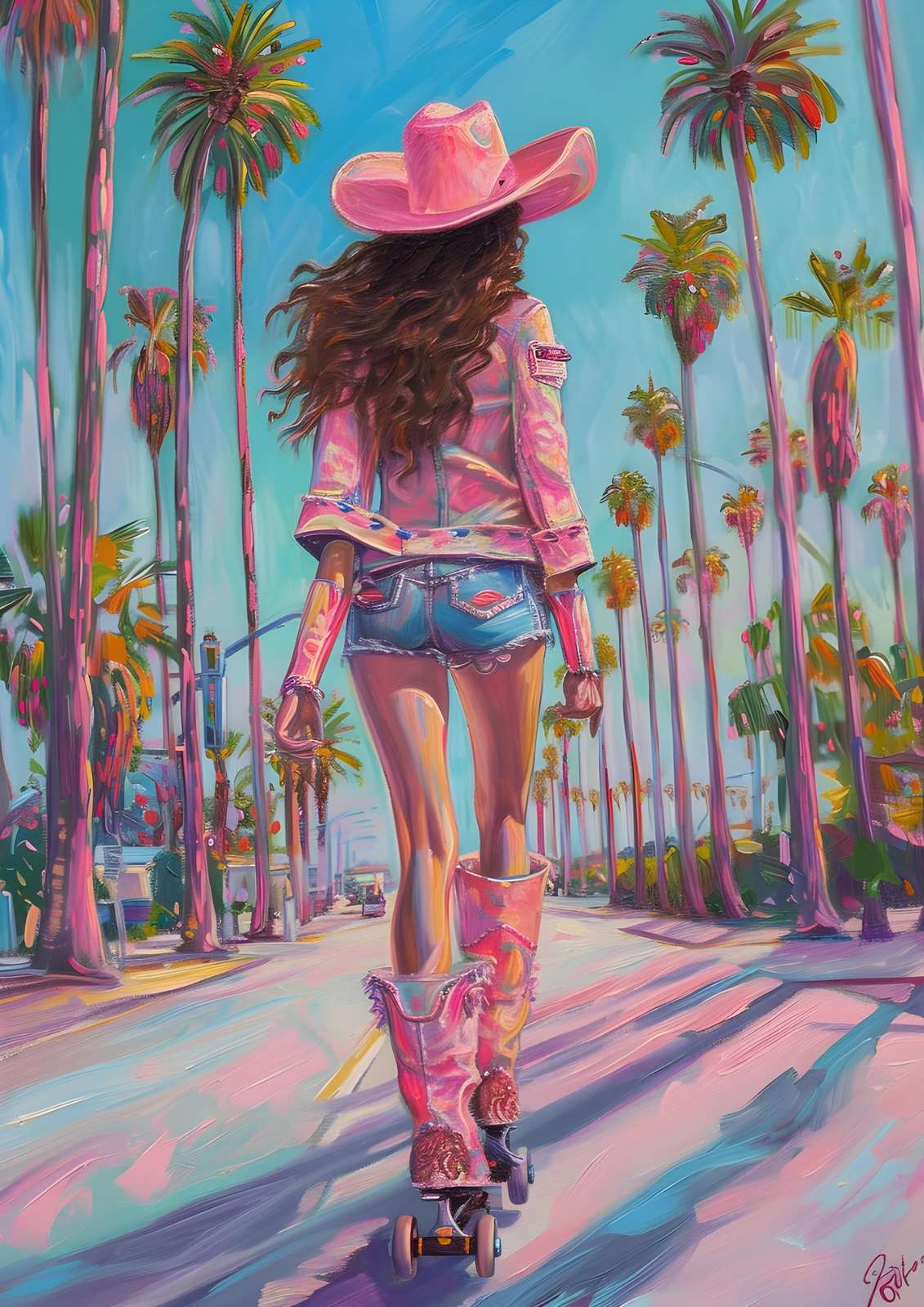 Retro Roller Girl Pink Cowboy Hat Wall Art