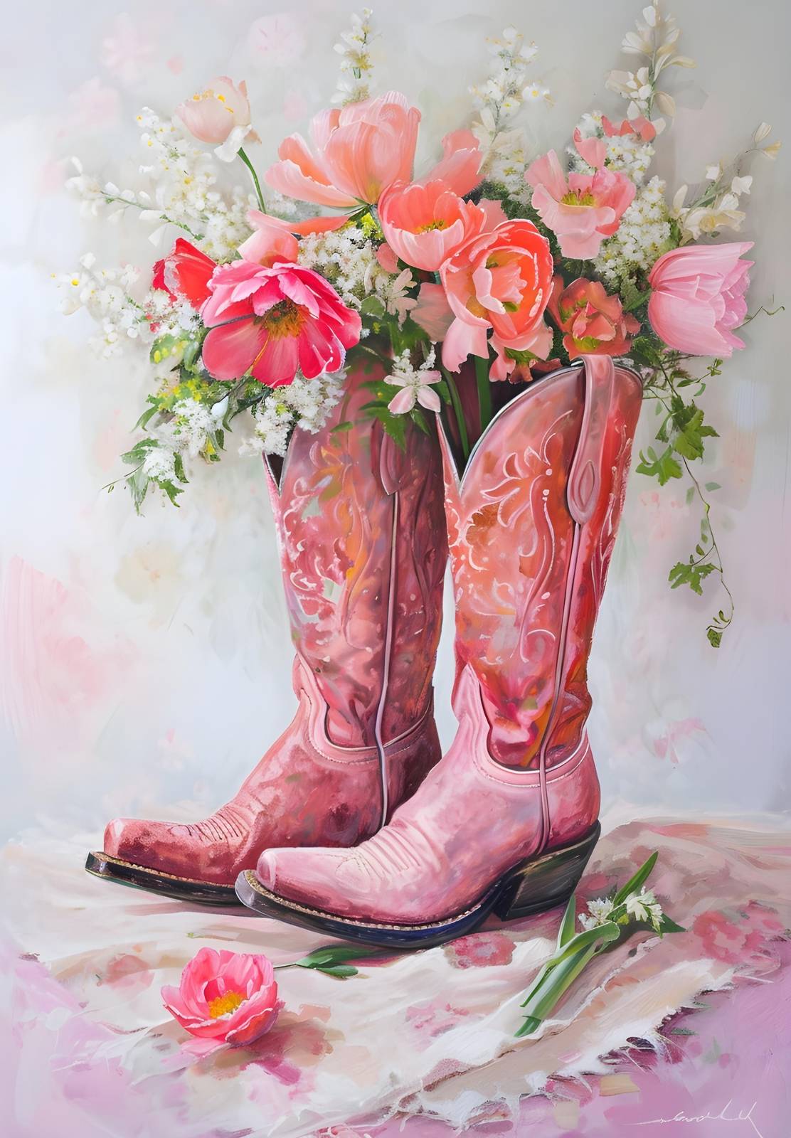 Charming Pink Cowboy Boots Floral Wall Art