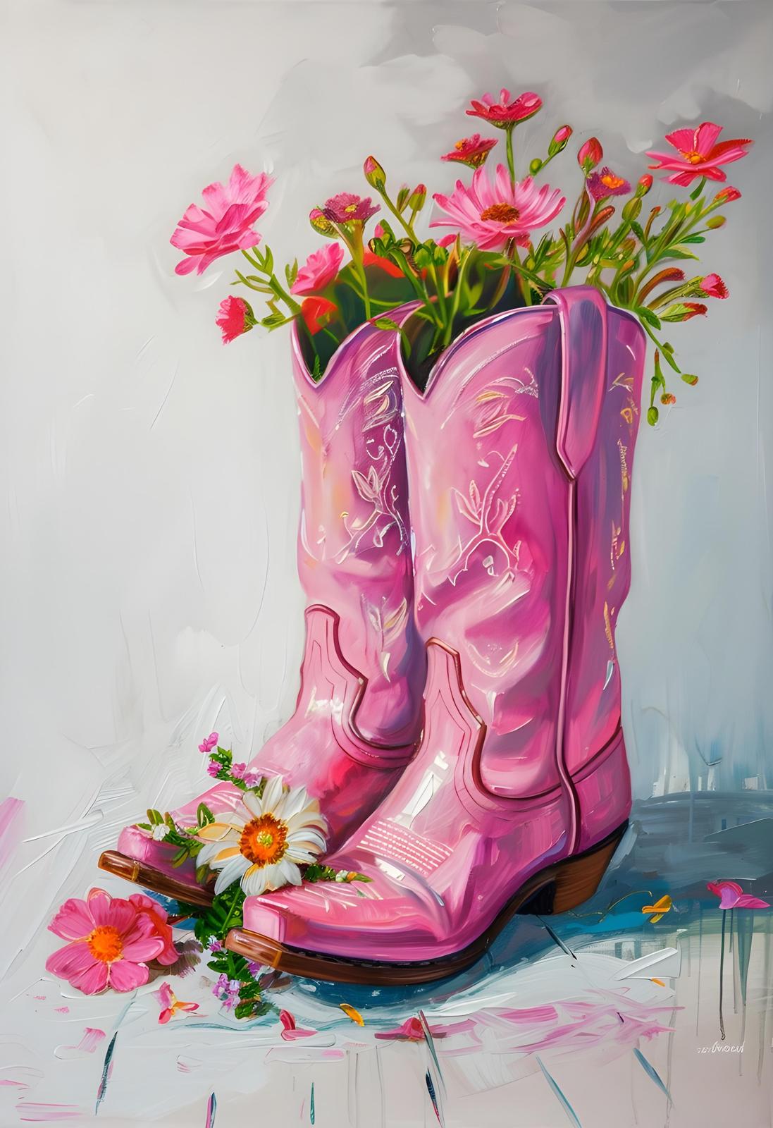 Pink Cowboy Boots Floral Wall Art