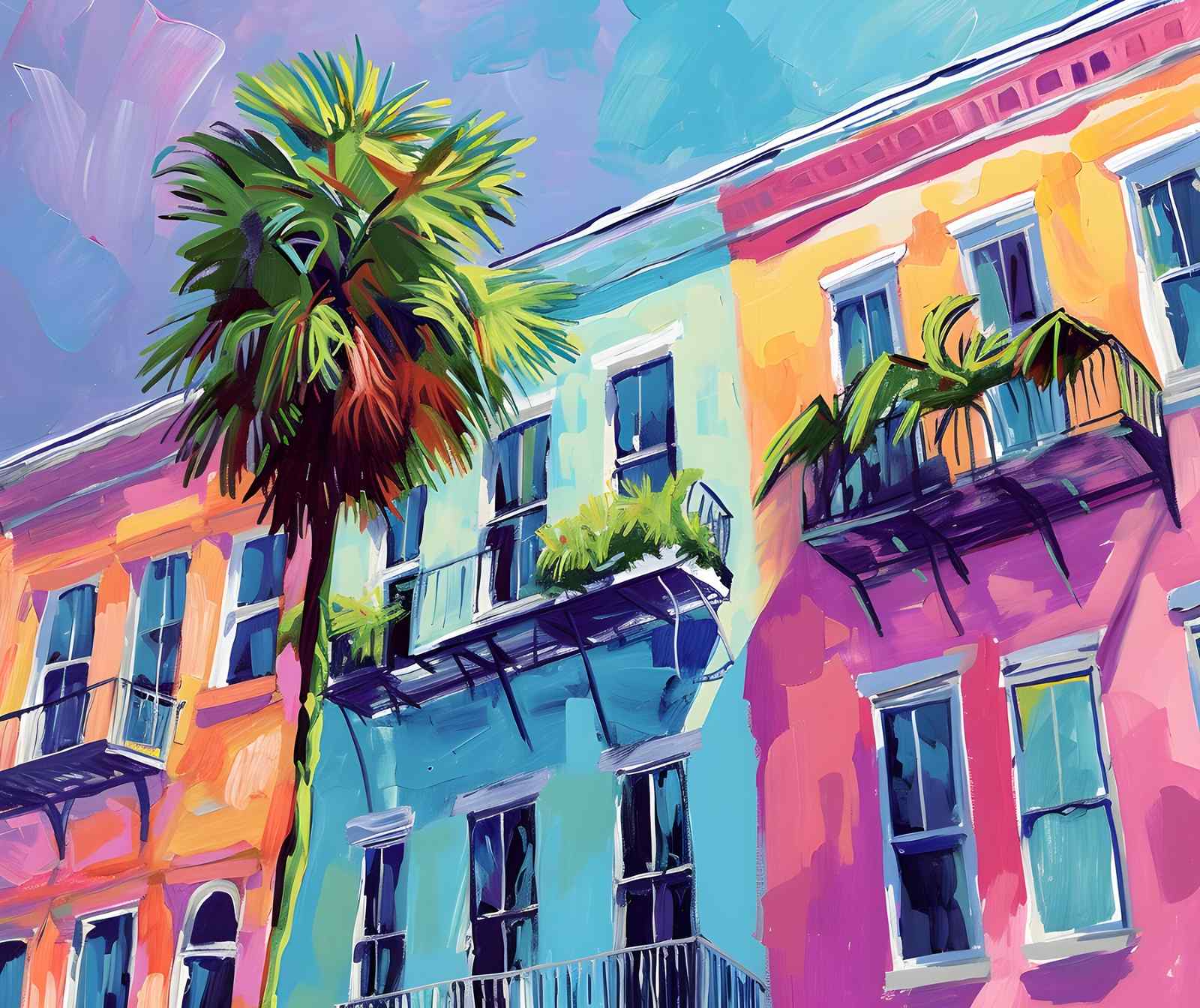 Vibrant Tropical Building Palm Tree Wall Art