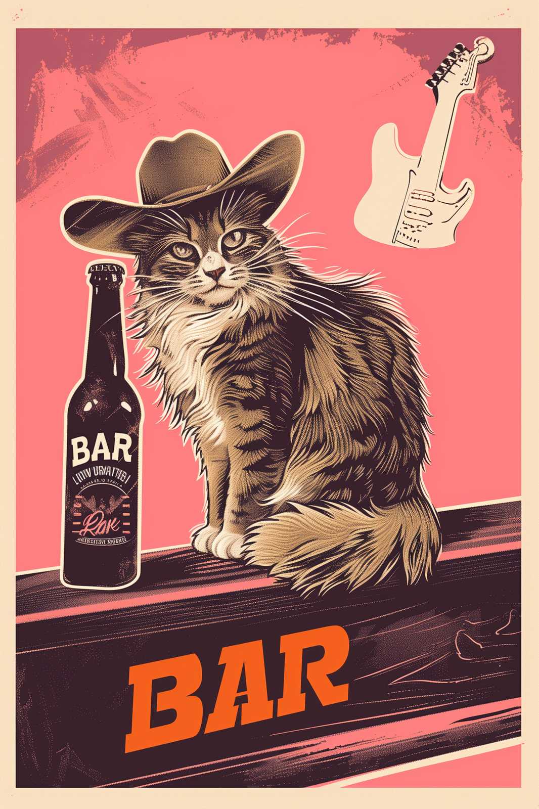 Cowboy Cat & Guitar Bar Art Wall Art