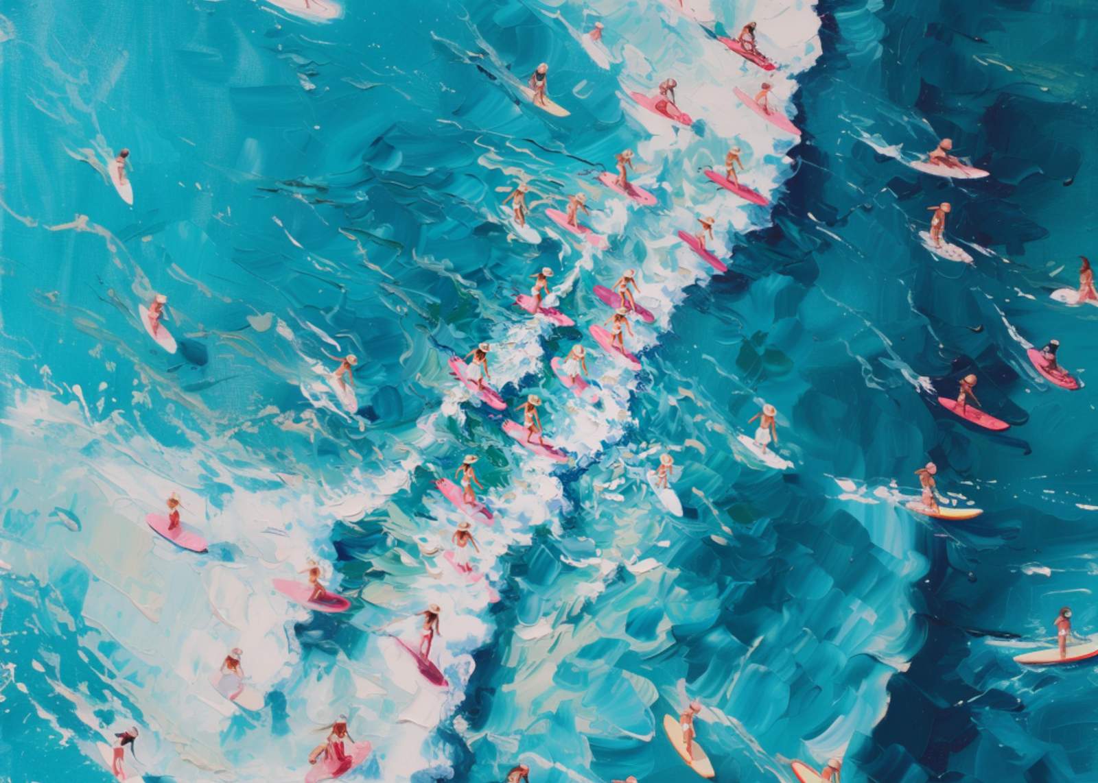 Surfers Catching Waves Textured Oil Wall Art