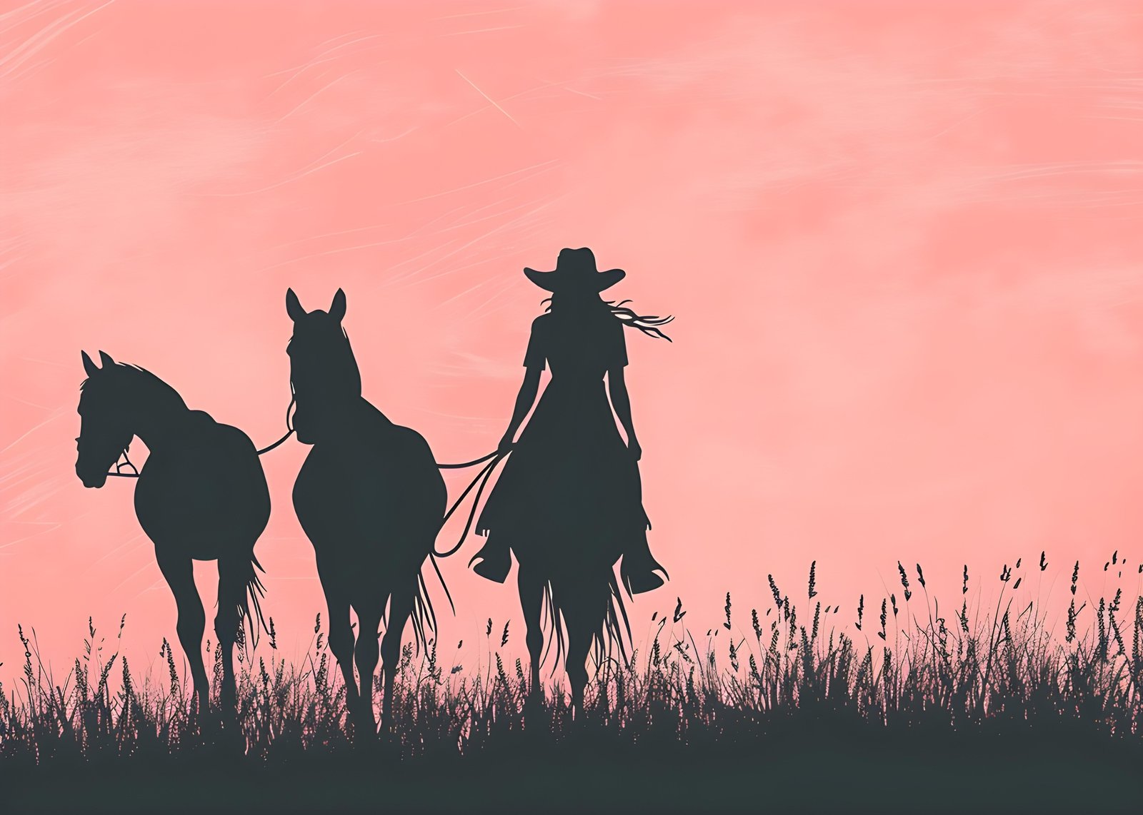 Cowgirl & Horses Sunset Silhouette Wall Art