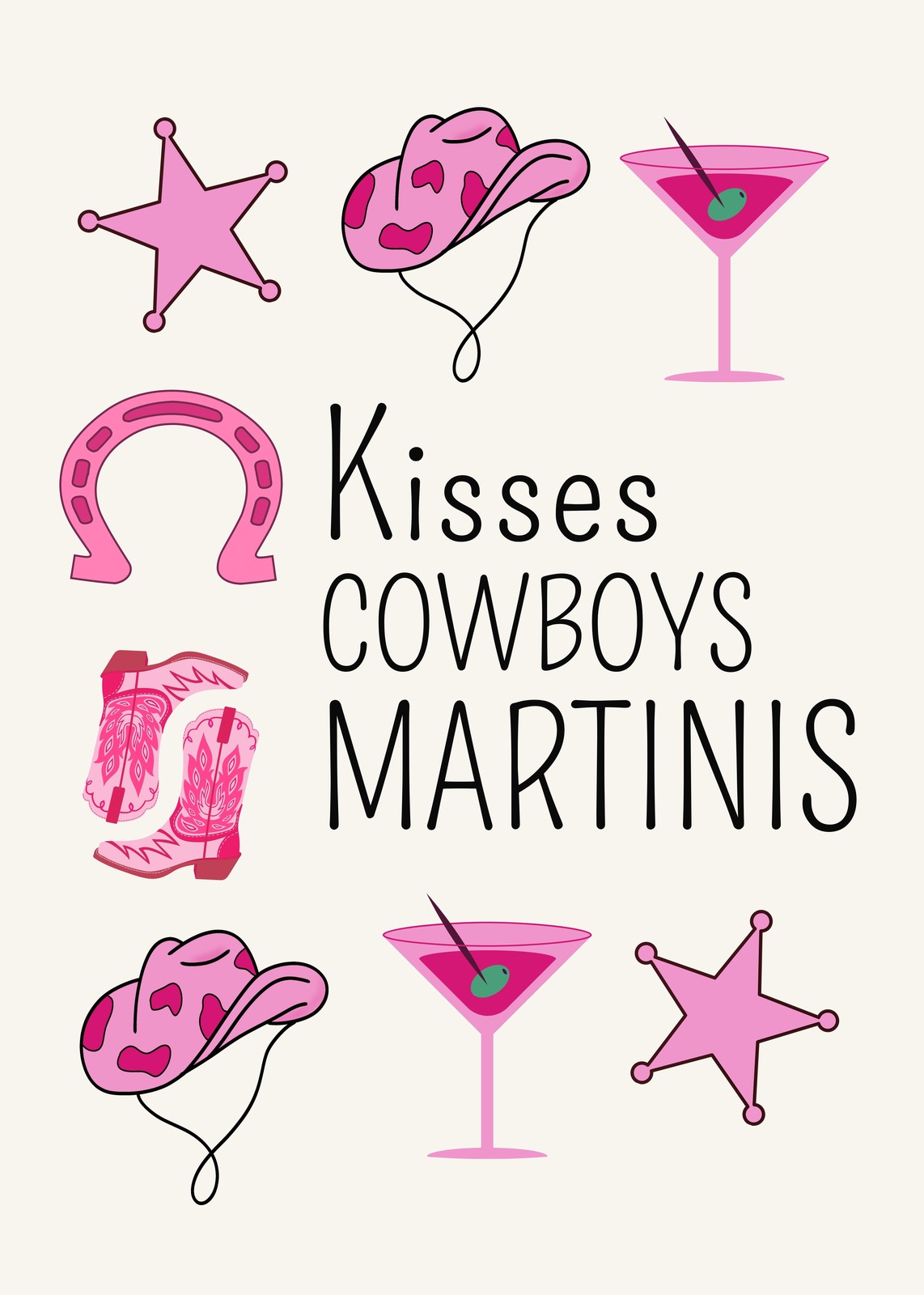 Kisses Cowboys Martinis Pink Western Wall Art