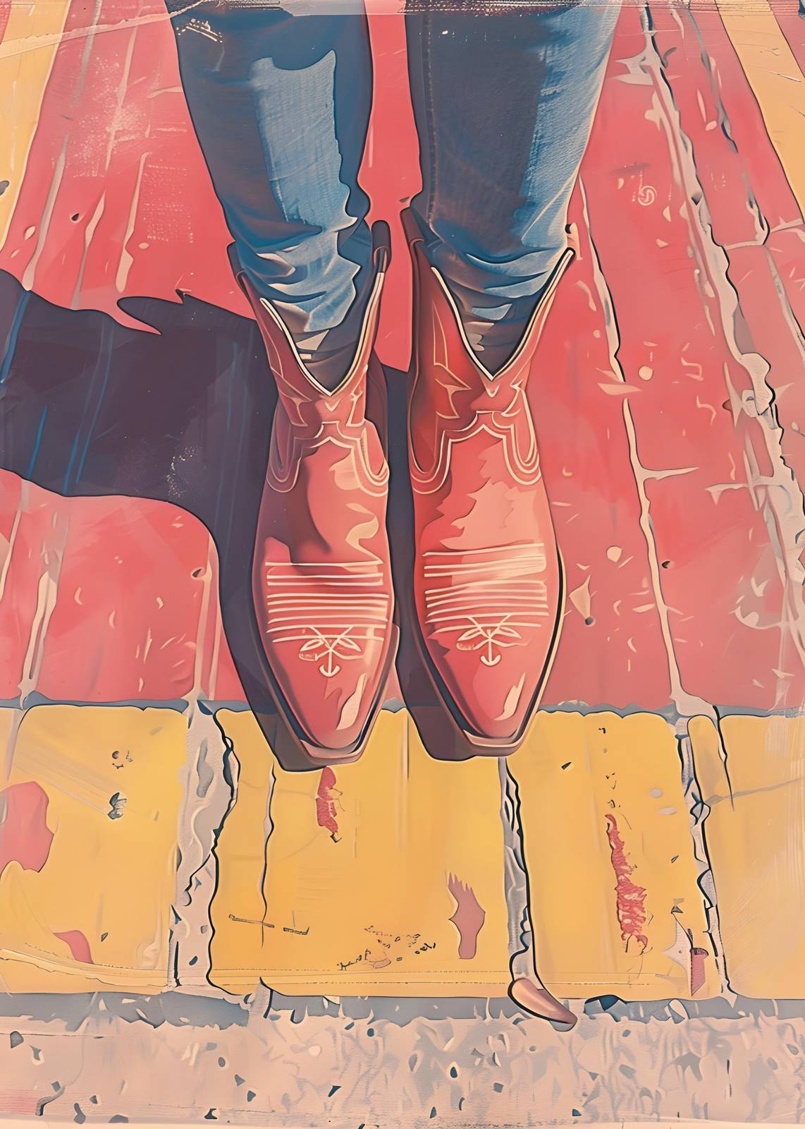Red Cowboy Boots on Colorful Ground Wall Art