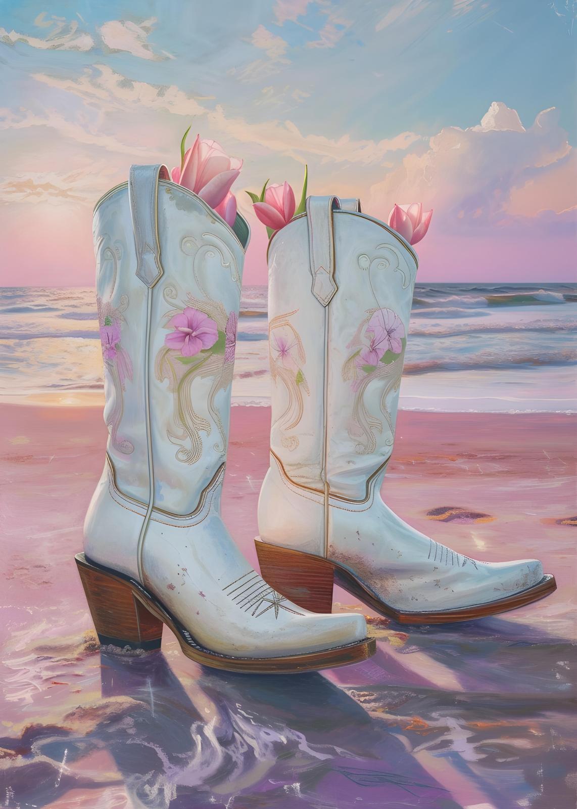 White Cowboy Boots Beach Floral Wall Art
