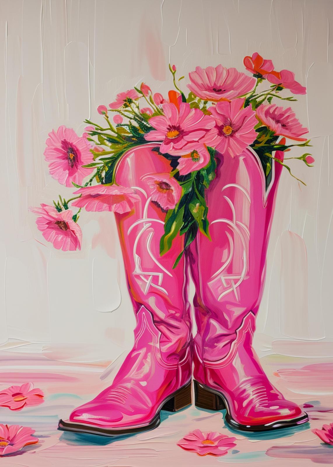 Vibrant Pink Boots & Flowers Wall Art