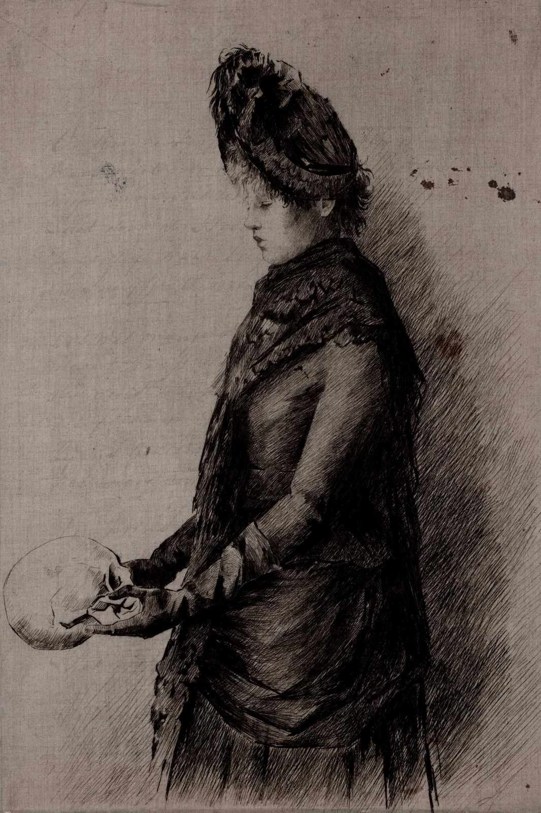 Melancholy Woman Skull Etching Wall Art