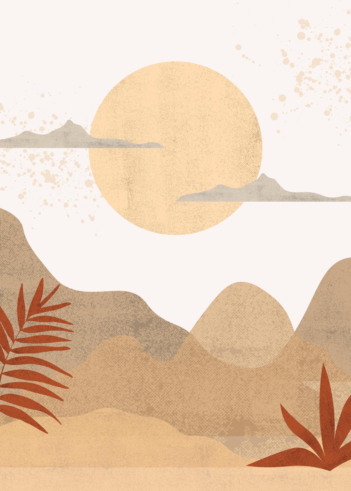 Boho Desert Landscape Sun & Plants Wall Art