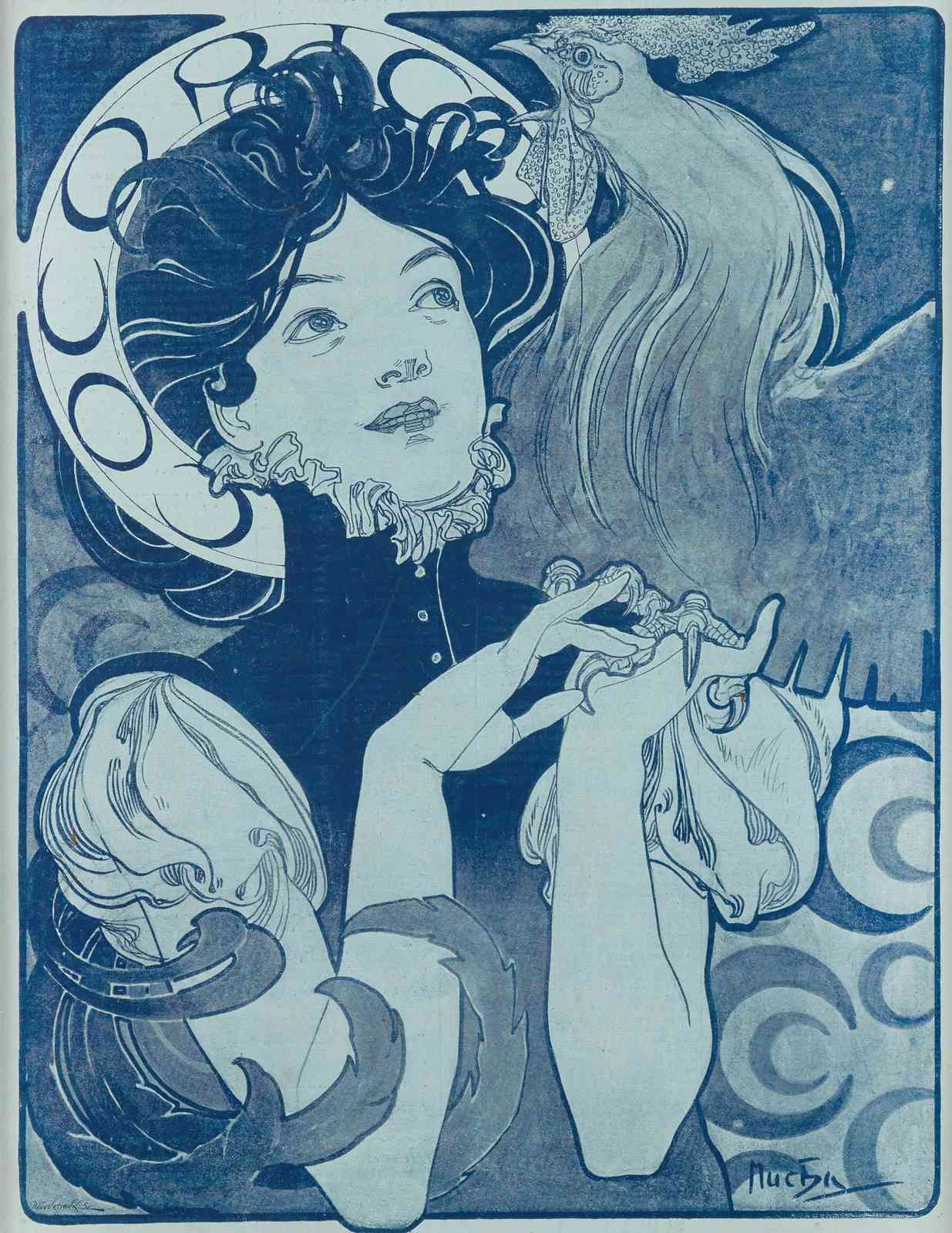 Art Nouveau Woman & Rooster Blue Wall Art