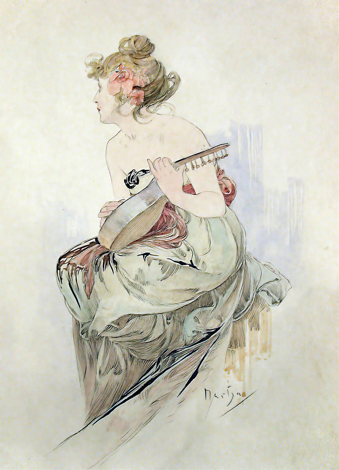 Art Nouveau Woman with Lyre Wall Art