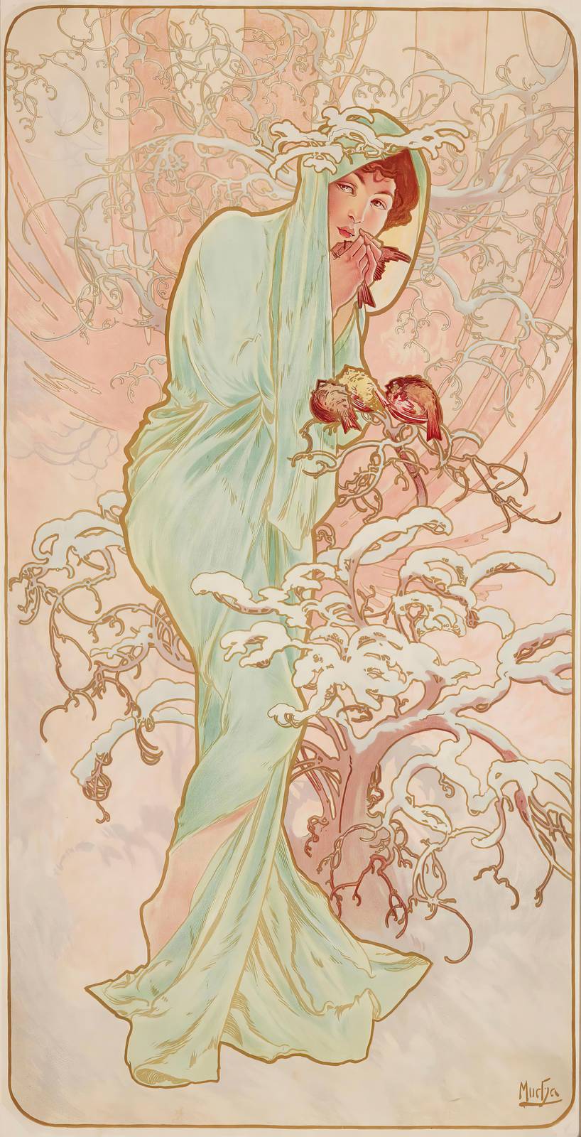 Elegant Art Nouveau Woman & Birds Wall Art