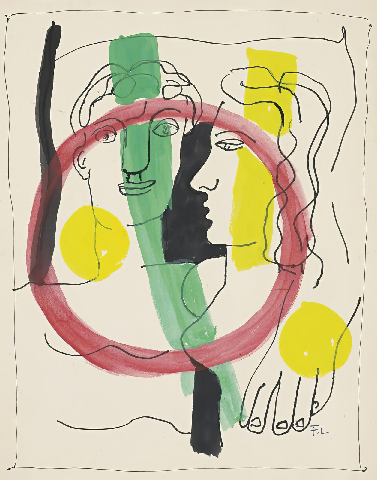 Modern Abstract Faces Red Circle Wall Art