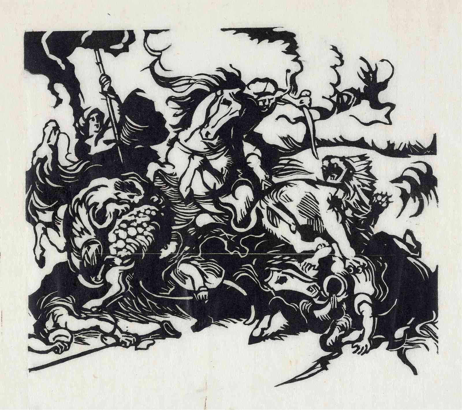 Dynamic Battle Scene Woodcut Wall Art